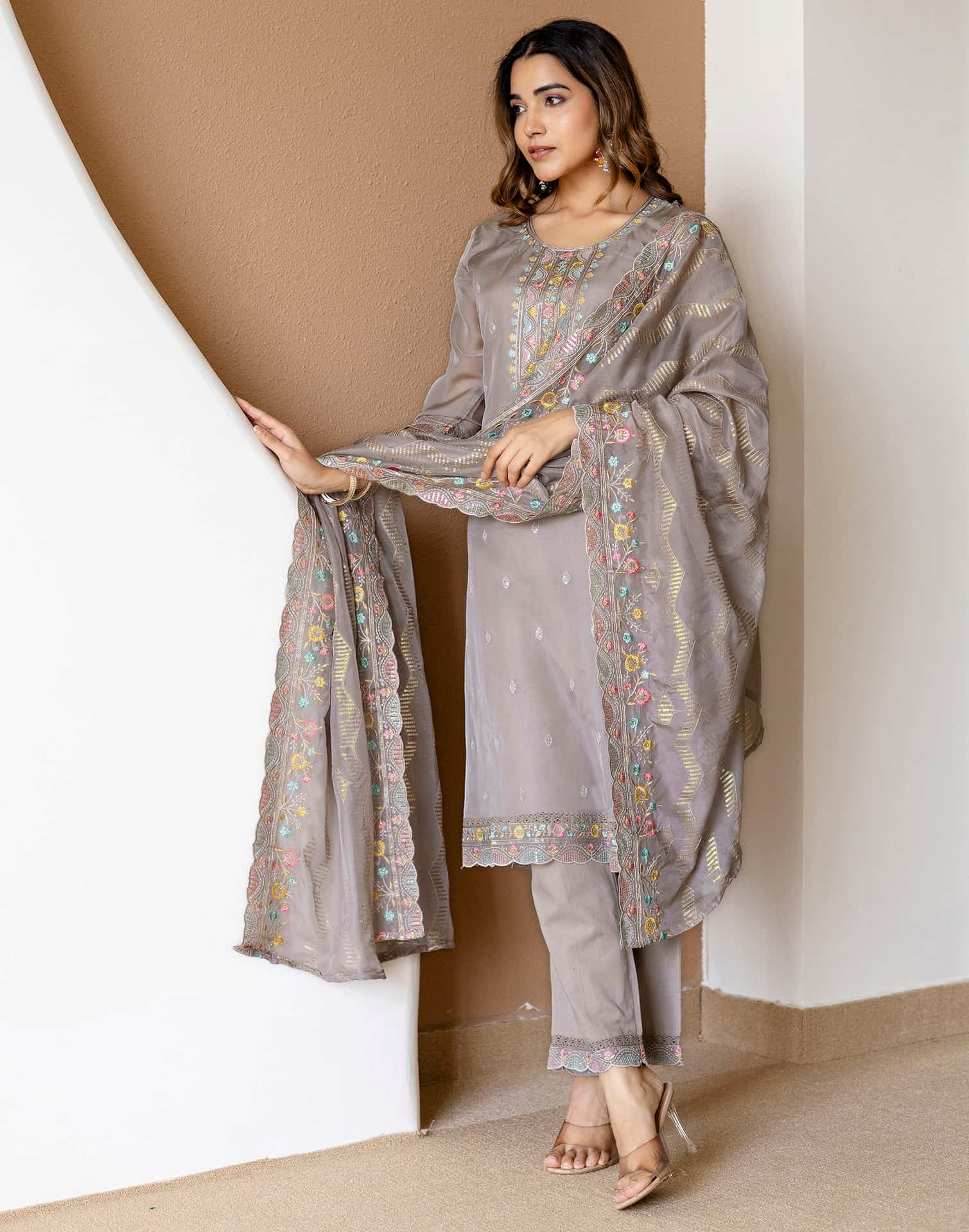 Grey Silk Embroidered Straight Kurta Set with Pant & Dupatta for Women Festive & Wedding Wear