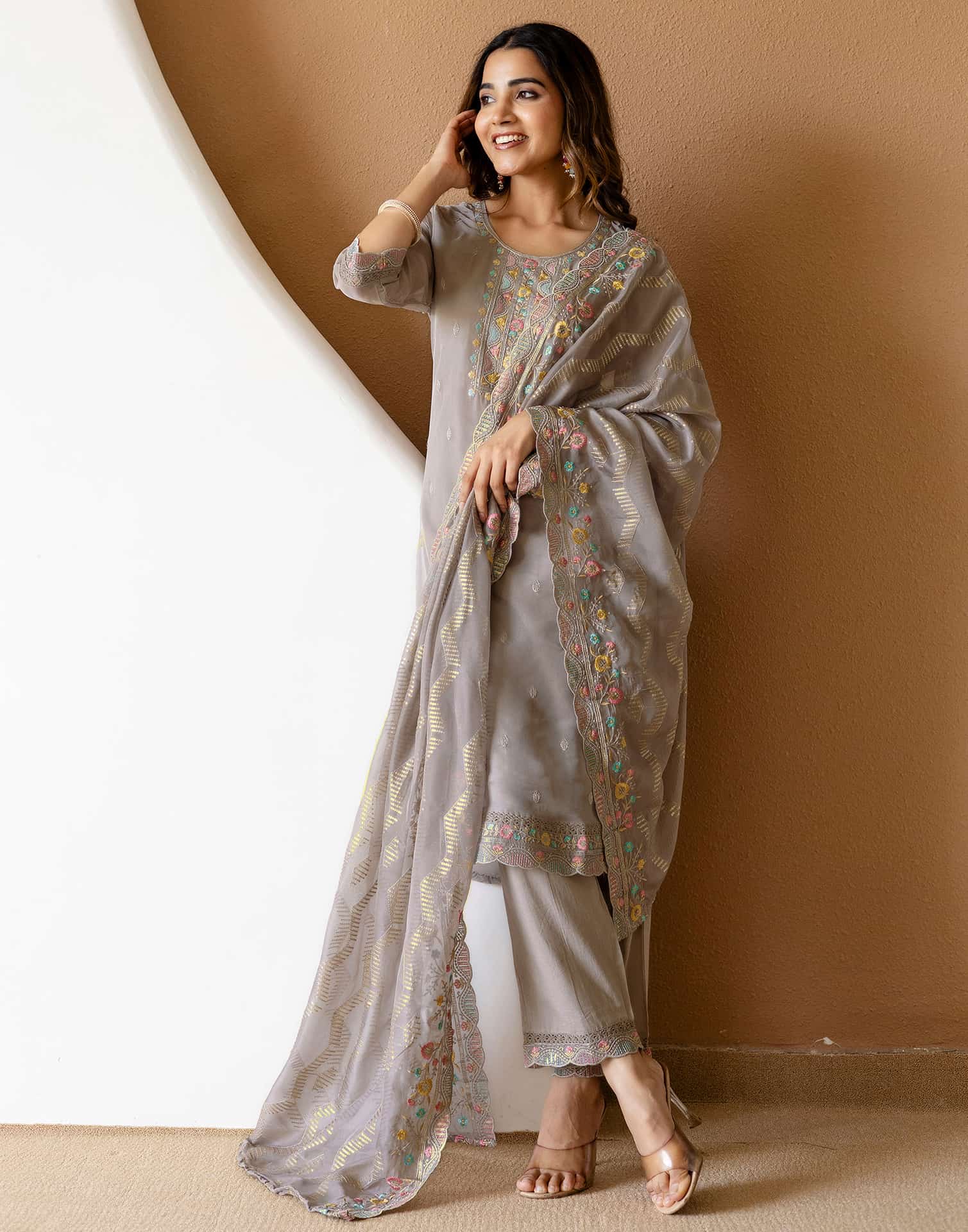 Grey Silk Embroidered Straight Kurta Set with Pant & Dupatta for Women Festive & Wedding Wear