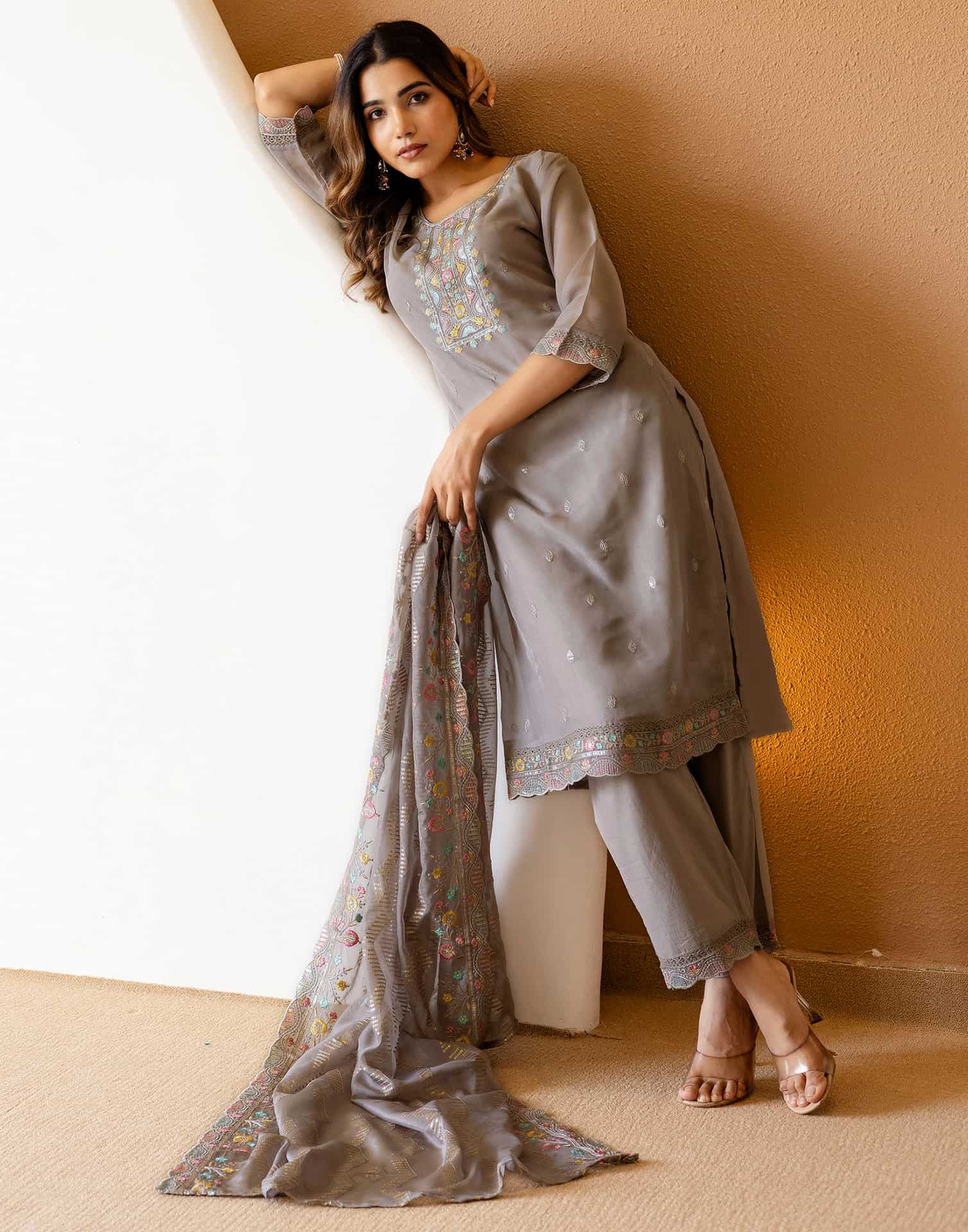 Grey Silk Embroidered Straight Kurta Set with Pant & Dupatta for Women Festive & Wedding Wear