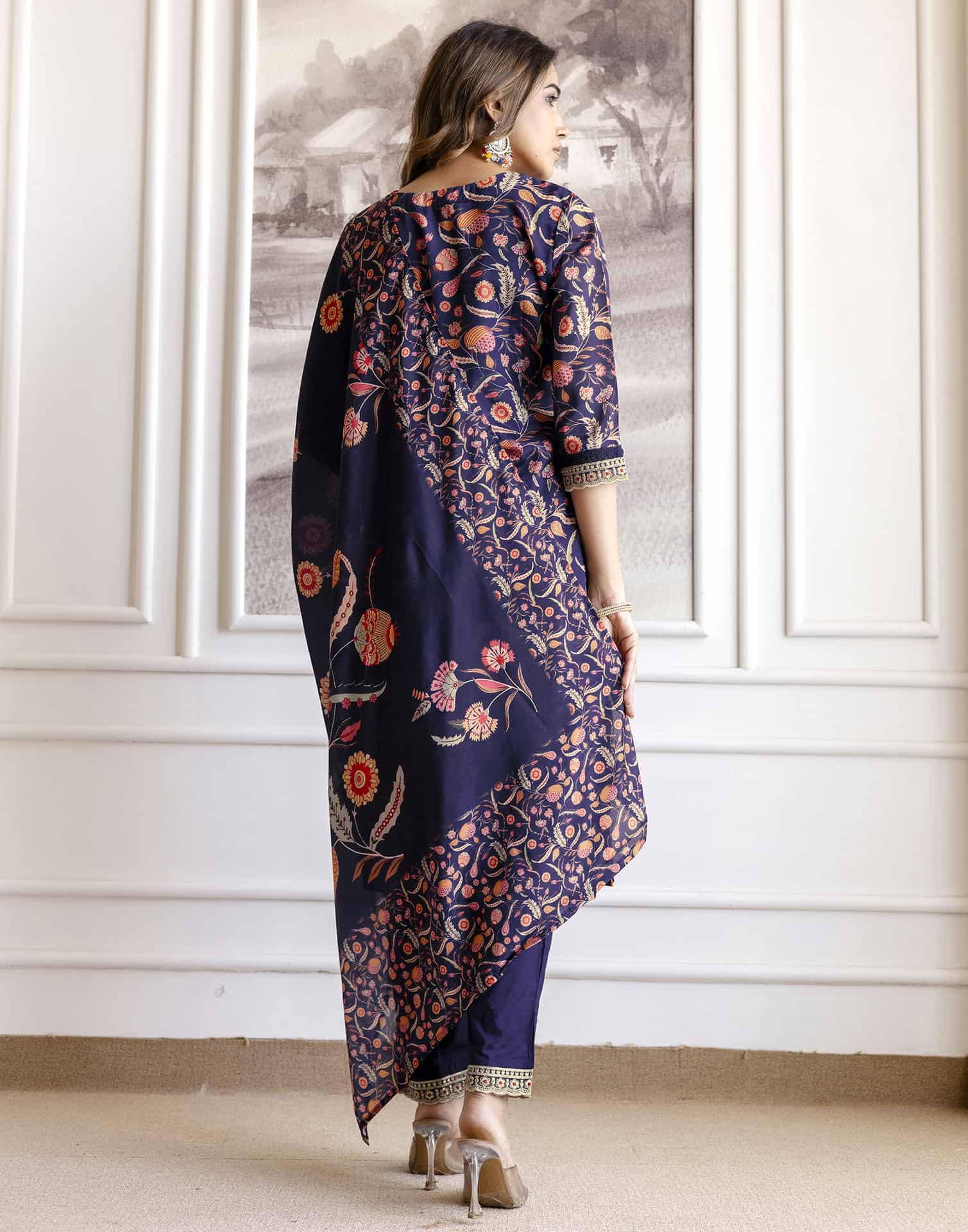 Blue Cotton Printed Straight Kurta Set with Pant & Dupatta for Women under 1299