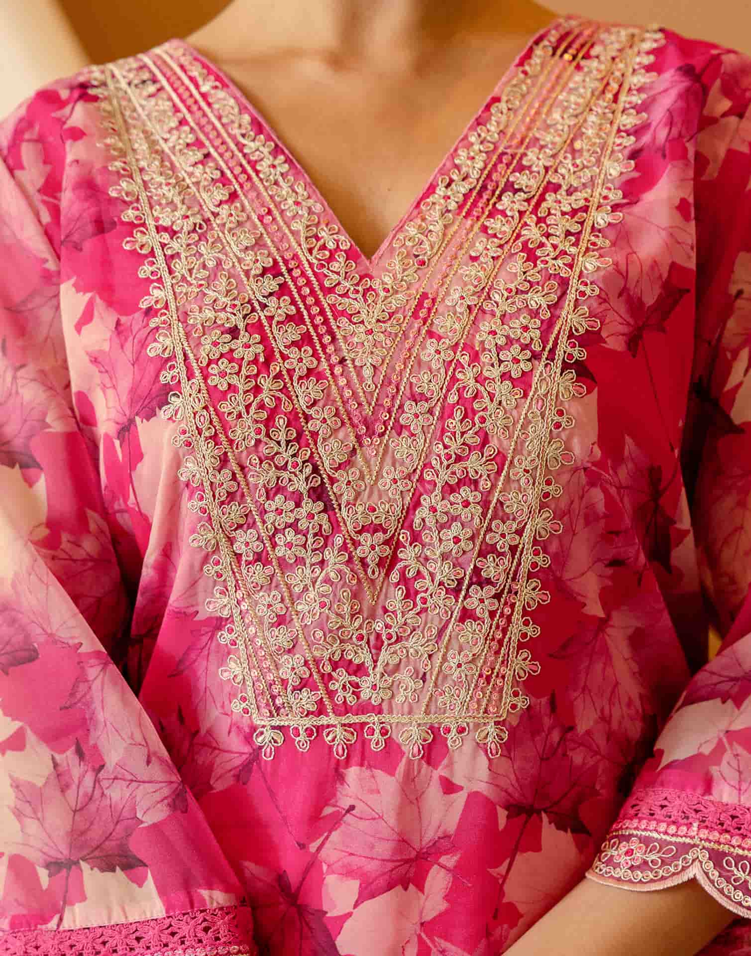 Pink Organza Printed Straight Kurta Set with Pant and Dupatta under 1299 