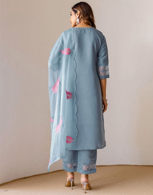 Grey Silk Embroidered Straight Kurta Set with Pant & Dupatta