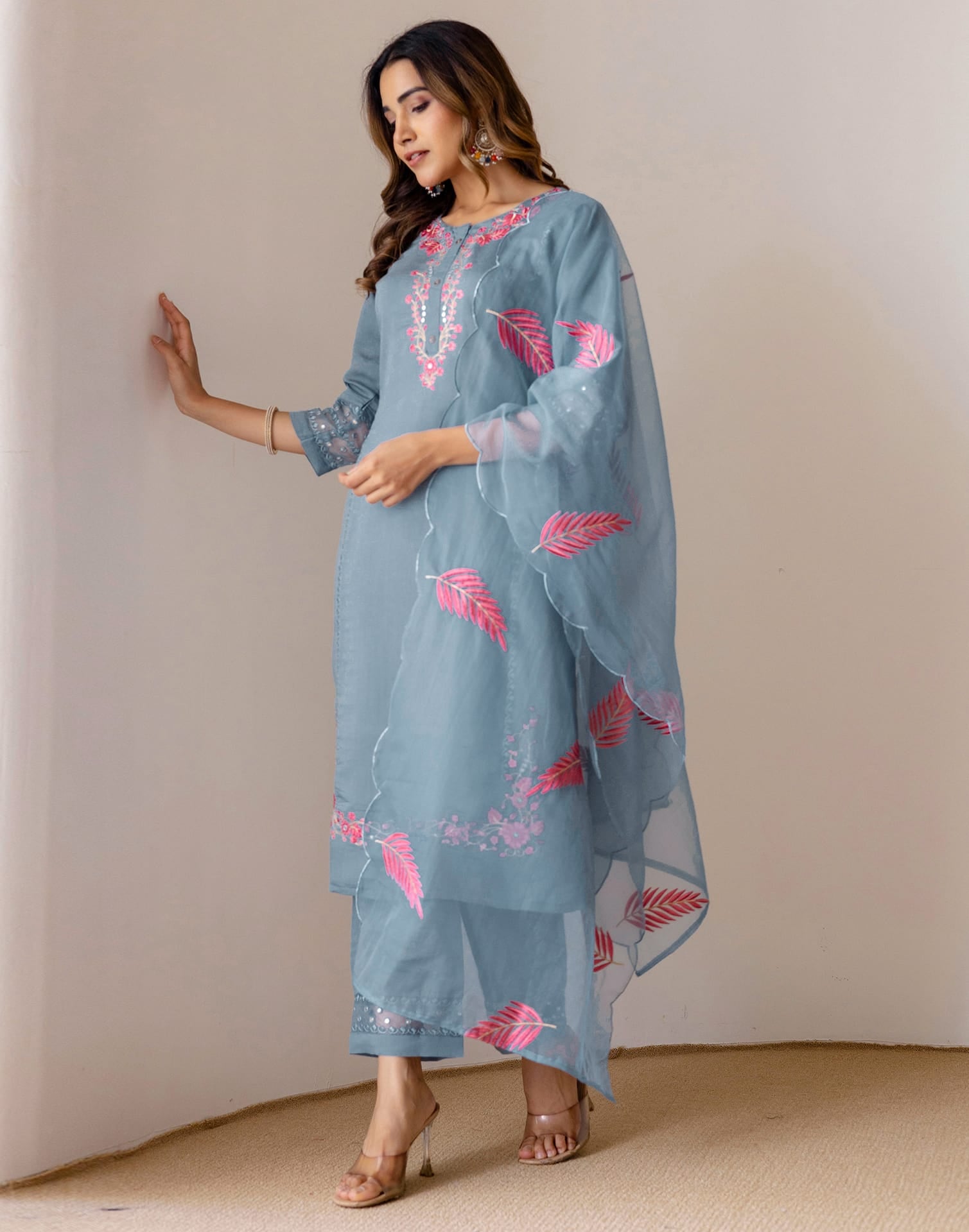 Grey Silk Embroidered Straight Kurta Set with Pant & Dupatta