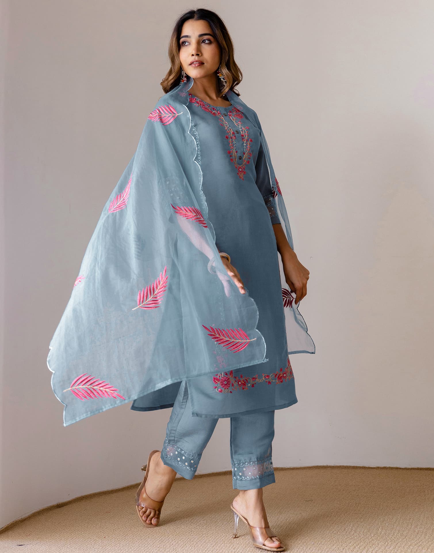 Grey Silk Embroidered Straight Kurta Set with Pant & Dupatta