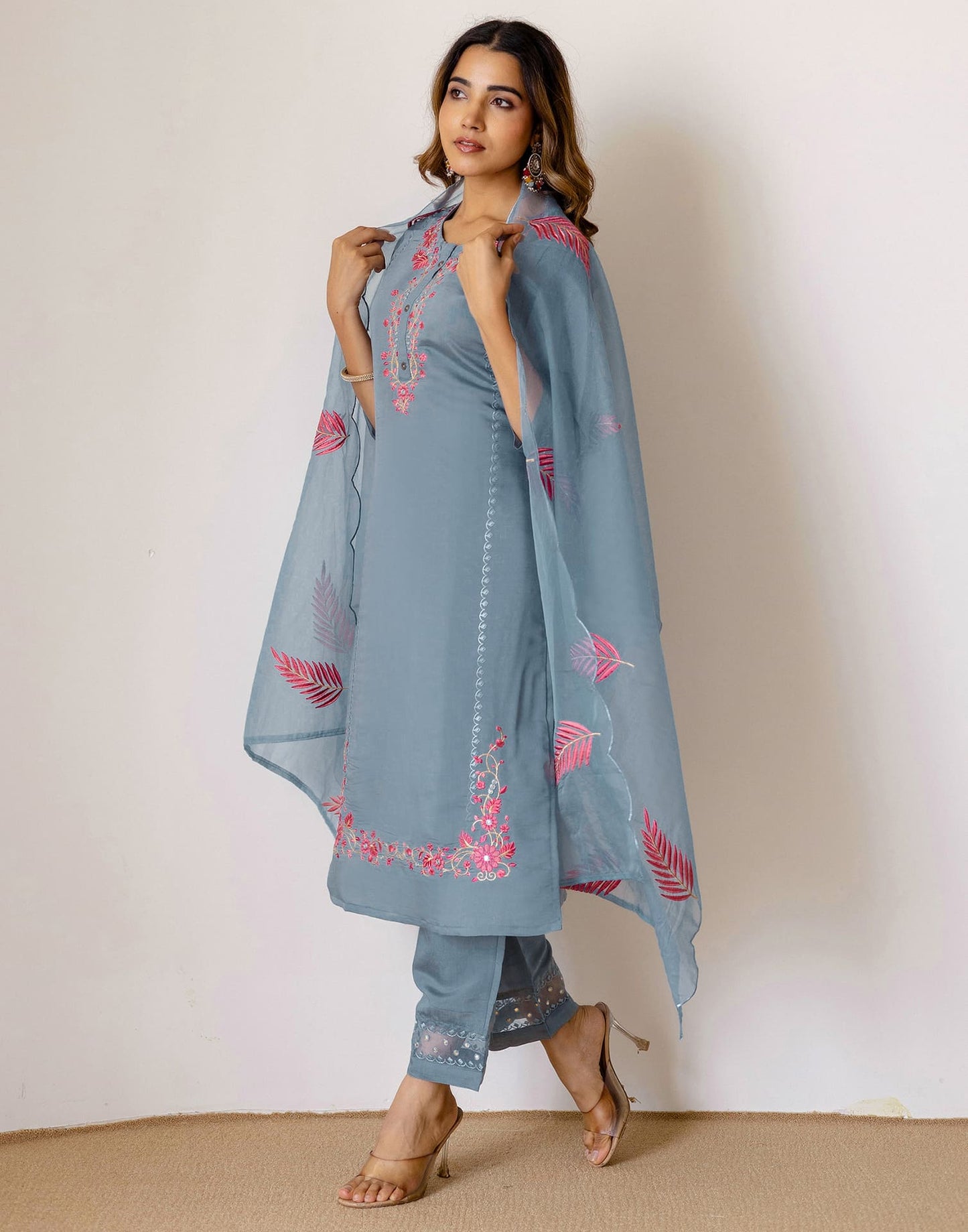 Grey Silk Embroidered Straight Kurta Set with Pant & Dupatta