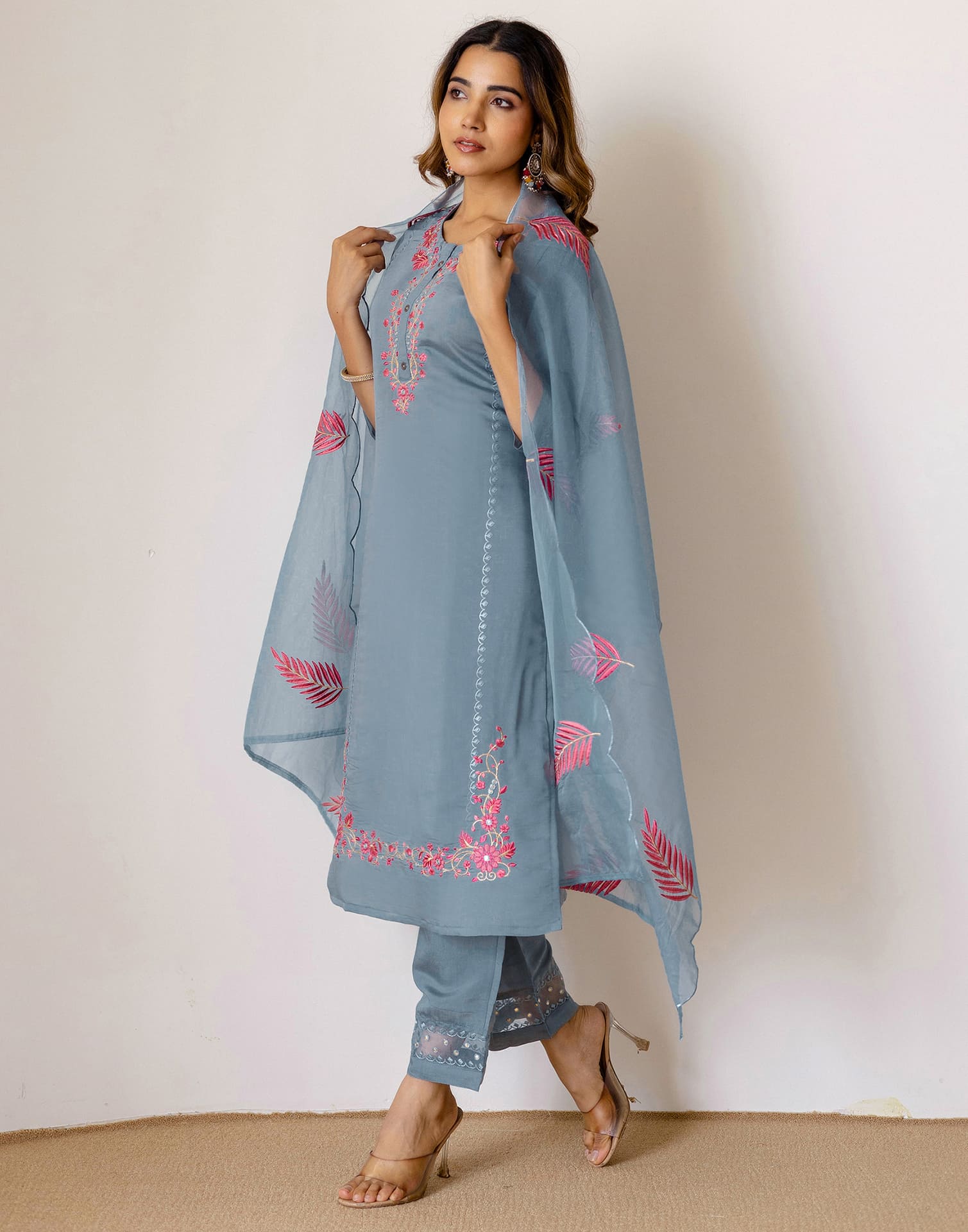 Grey Silk Embroidered Straight Kurta Set with Pant & Dupatta