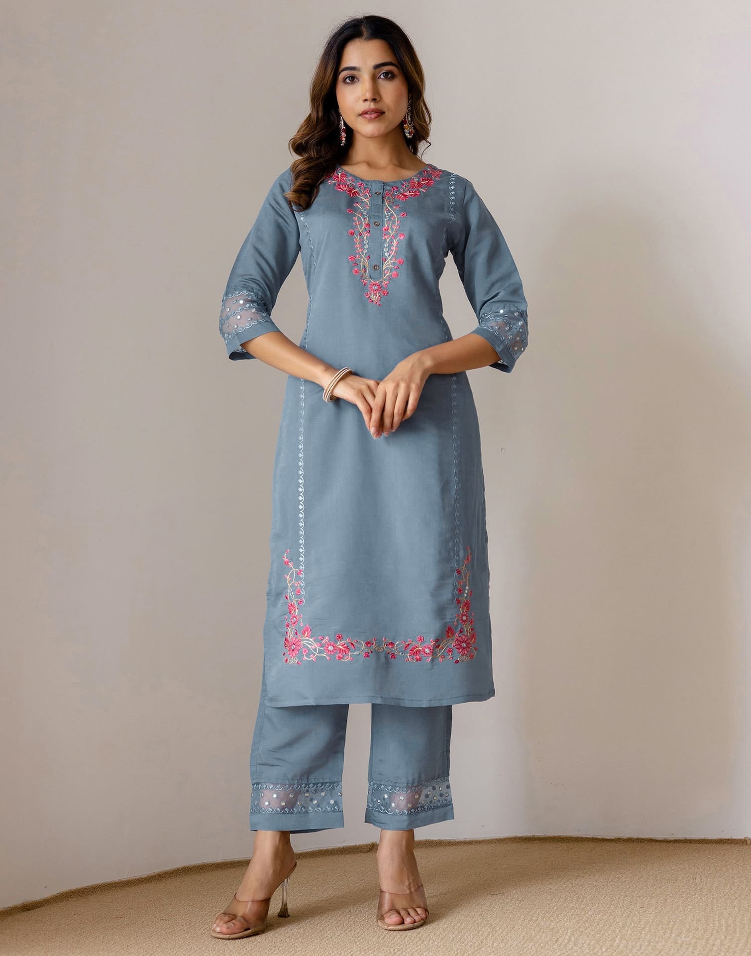 Grey Silk Embroidered Straight Kurta Set with Pant & Dupatta