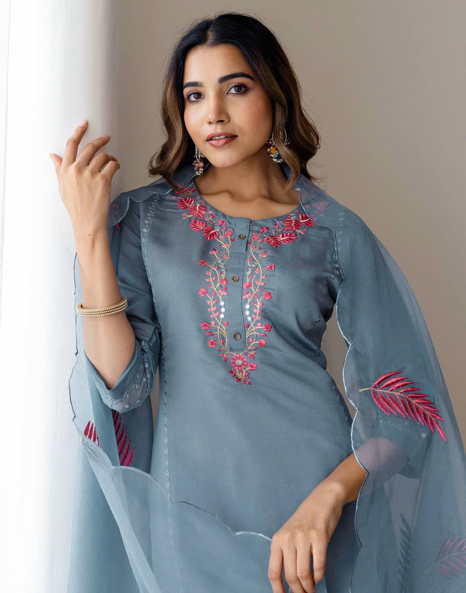 Grey Silk Embroidered Straight Kurta Set with Pant & Dupatta