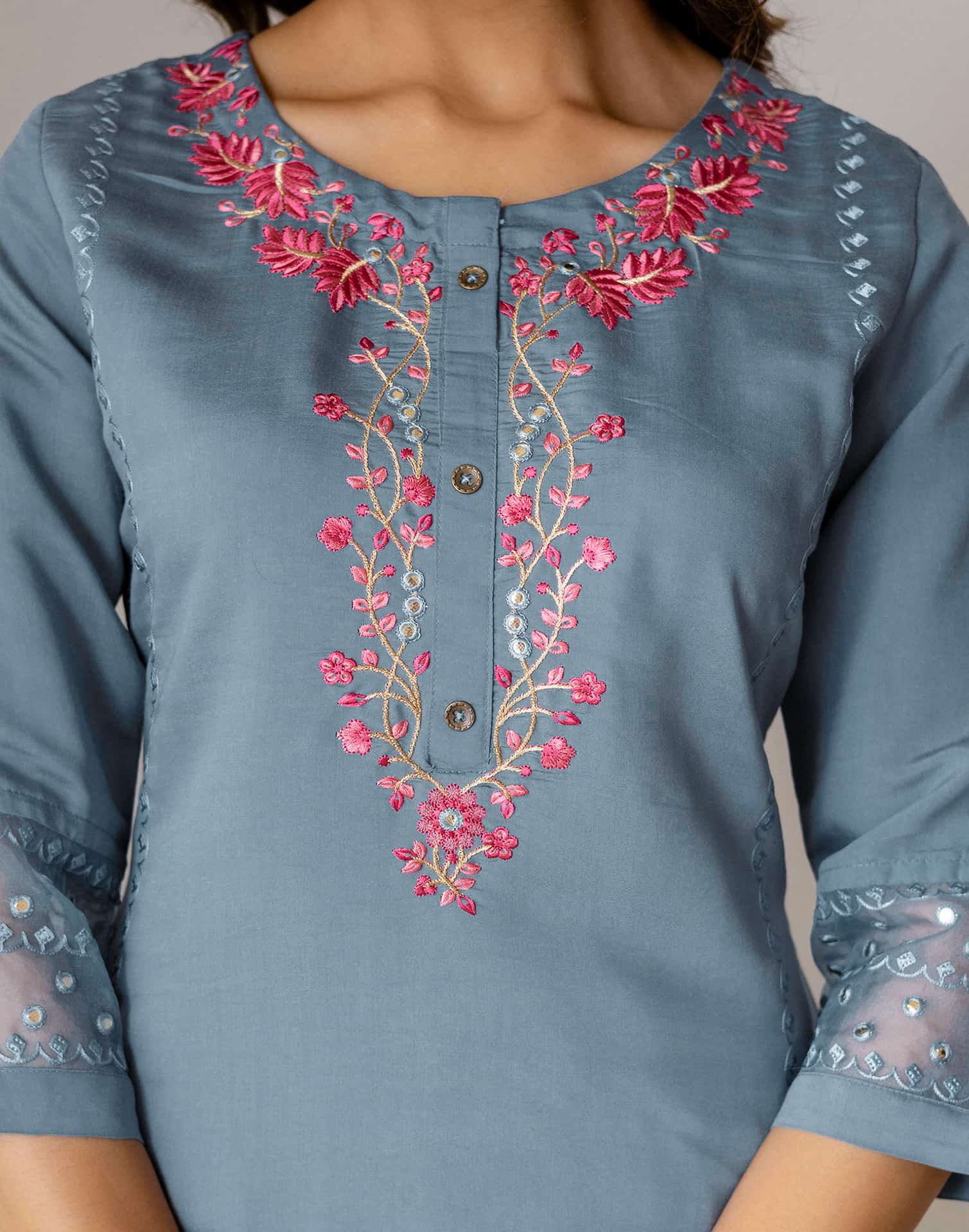 Grey Silk Embroidered Straight Kurta Set with Pant & Dupatta
