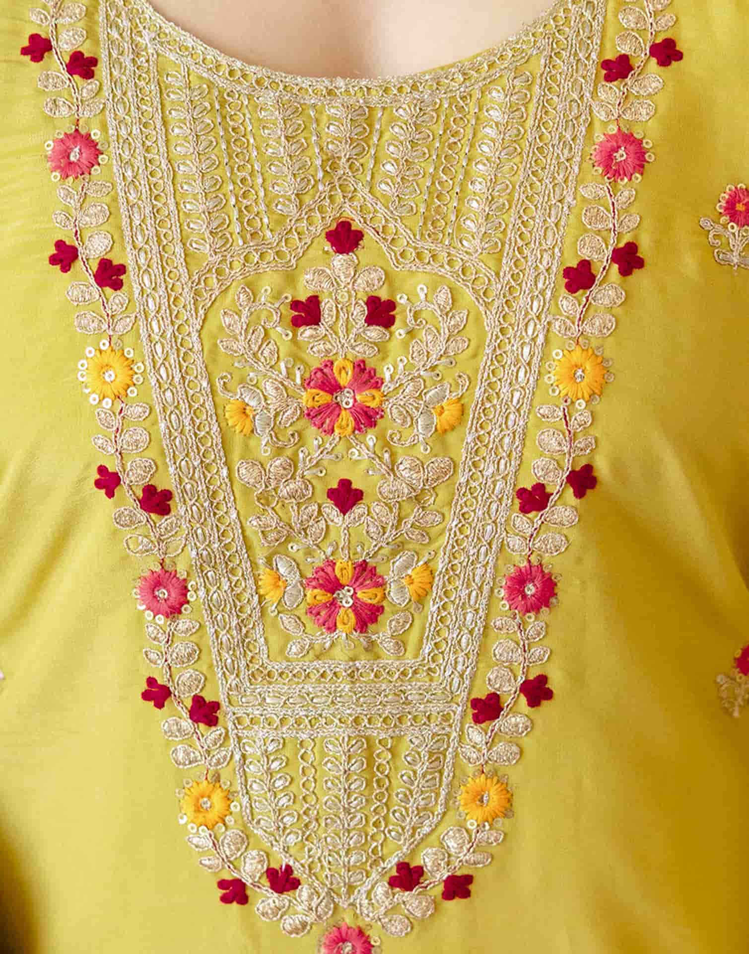 Yellow Silk Embroidered Straight Kurta Set with Pant & Dupatta for Women under 1299