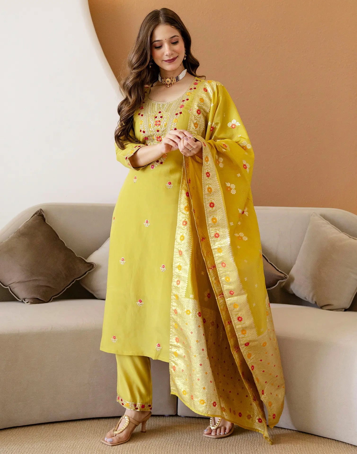 Poly Chinnon Embroidered Straight 3 Piece Kurta Set