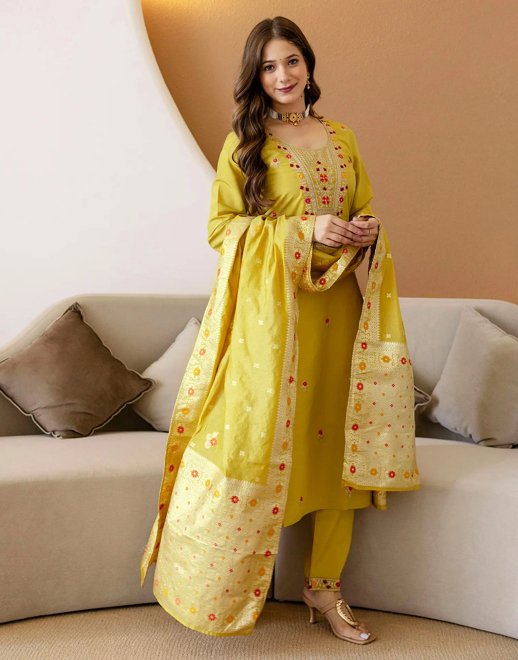 Poly Chinnon Embroidered Straight 3 Piece Kurta Set