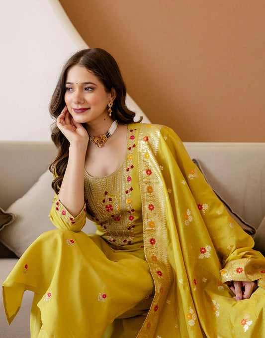 Yellow Silk Embroidered Straight Kurta Set with Pant & Dupatta for Women under 1299