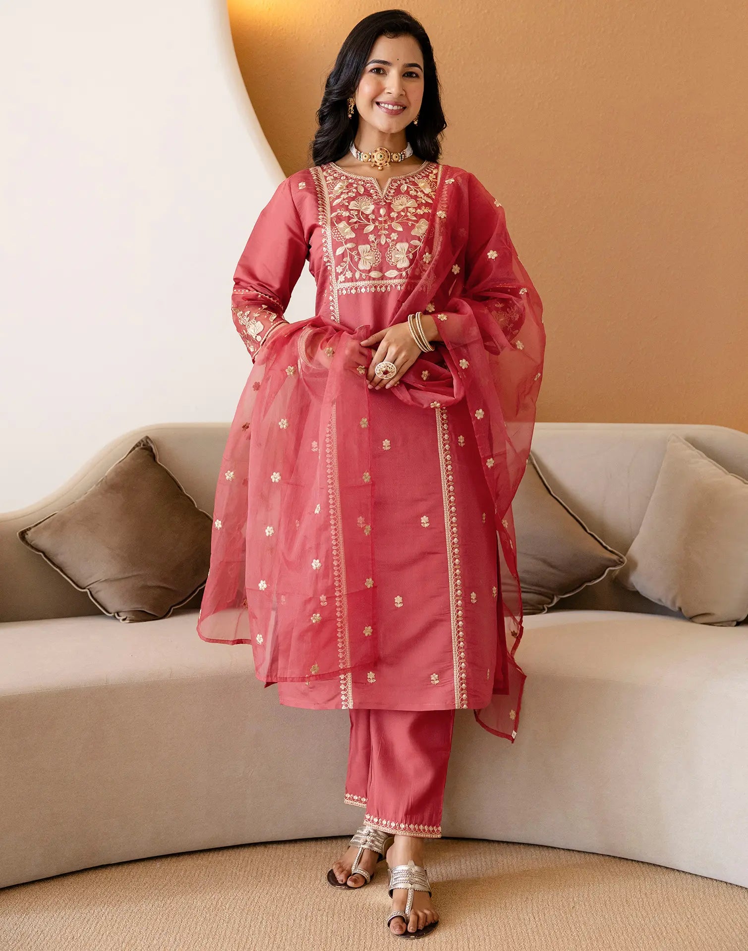 Silk Embroidered Straight 3 Piece Kurta Set