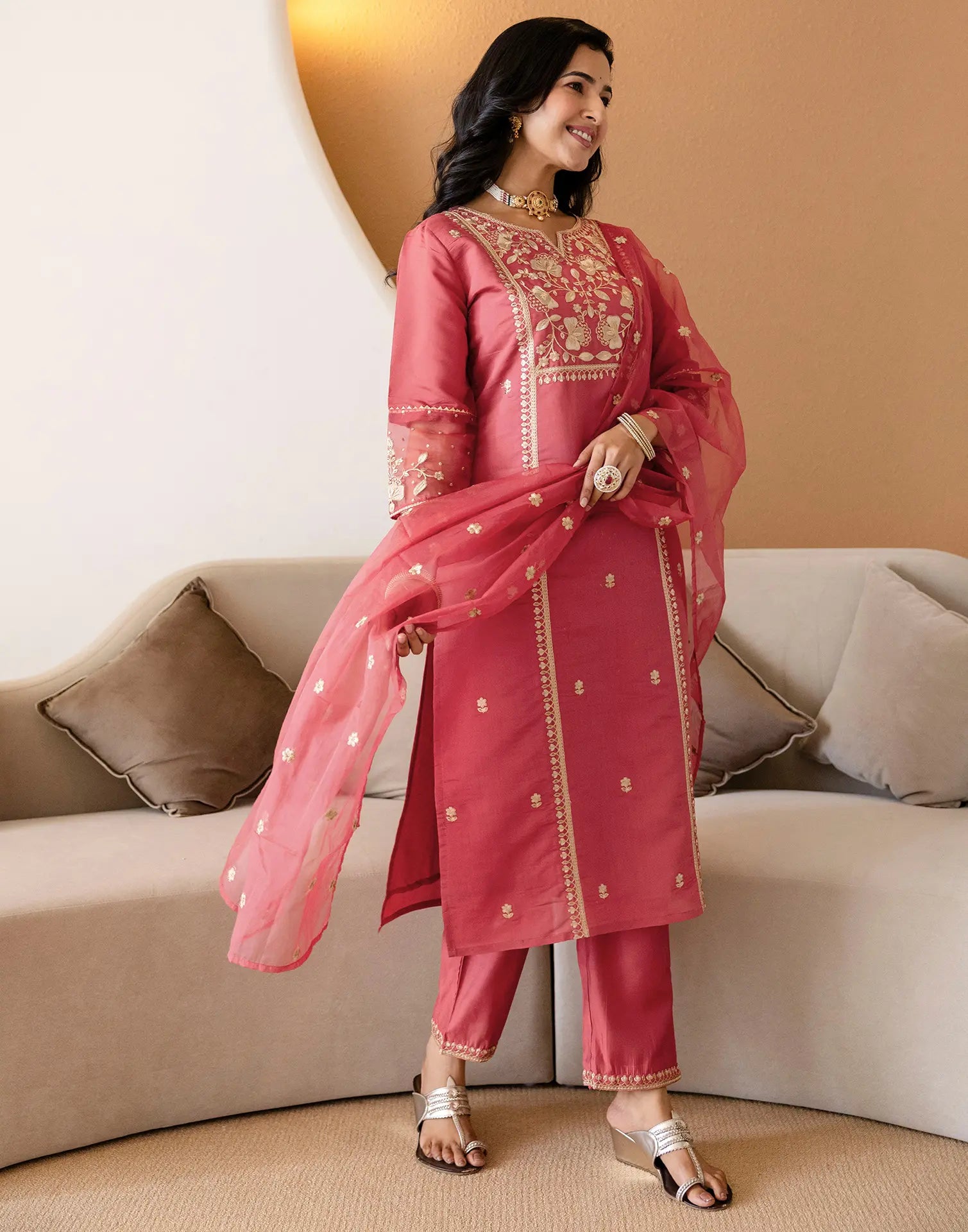 Silk Embroidered Straight 3 Piece Kurta Set