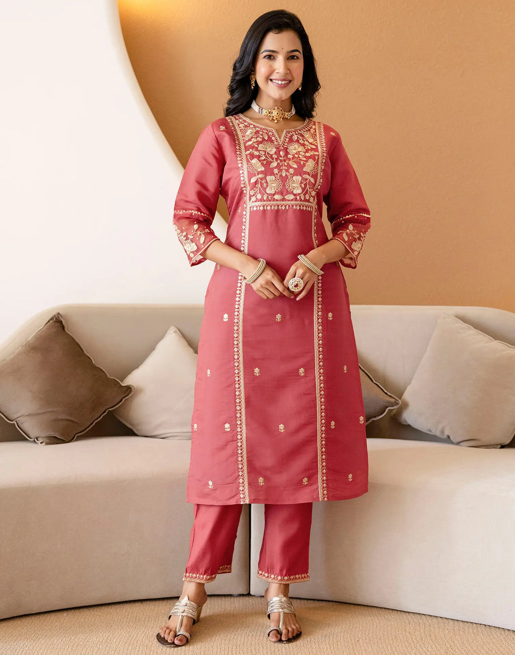 Silk Embroidered Straight 3 Piece Kurta Set