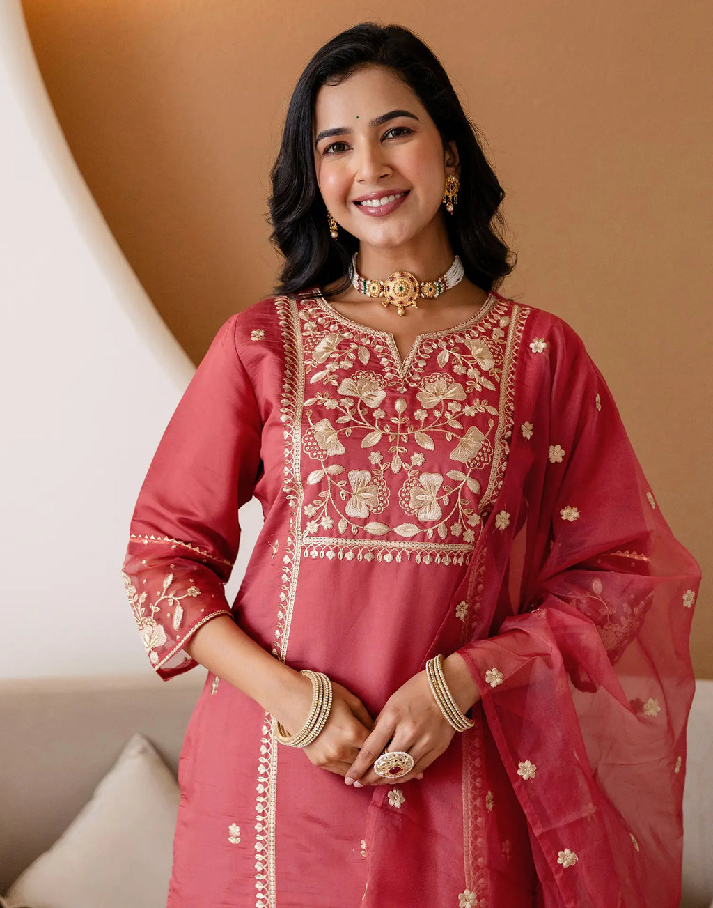 Silk Embroidered Straight 3 Piece Kurta Set