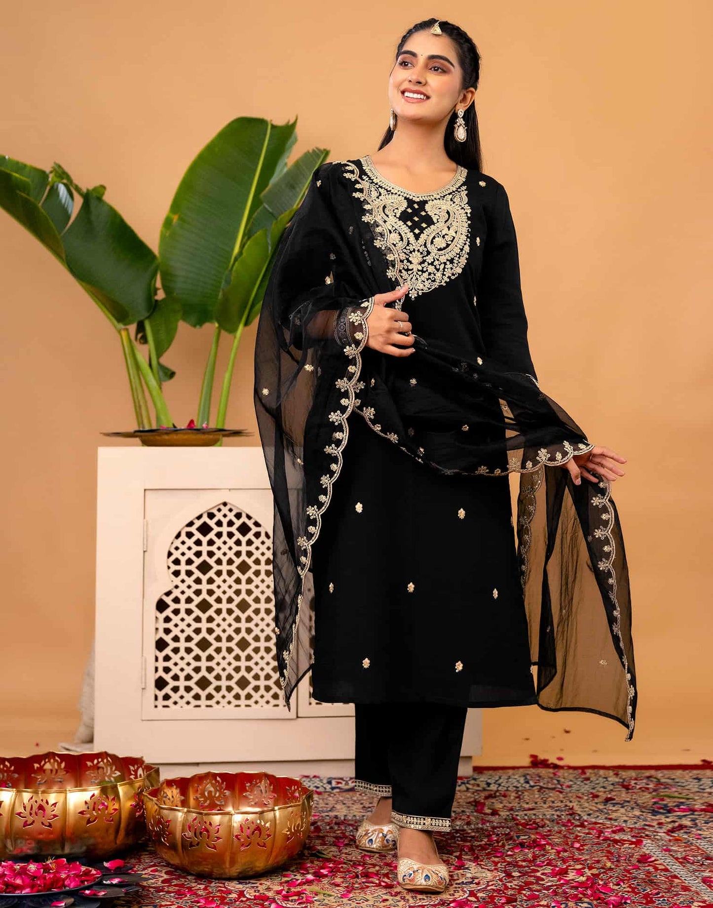 Silk Straight Embroidery Round Neck Kurta with Pant & Dupatta