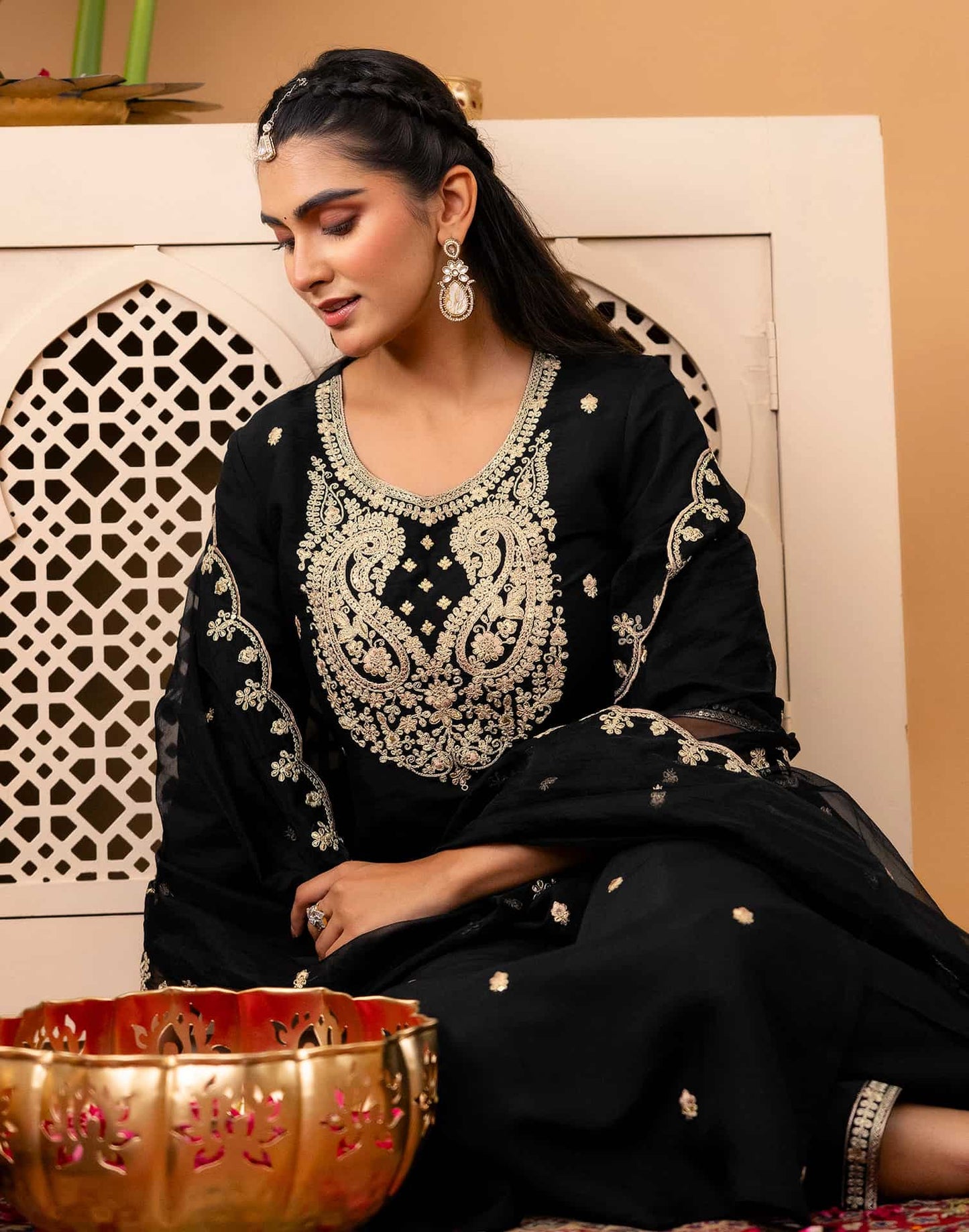 Silk Straight Embroidery Round Neck Kurta with Pant & Dupatta