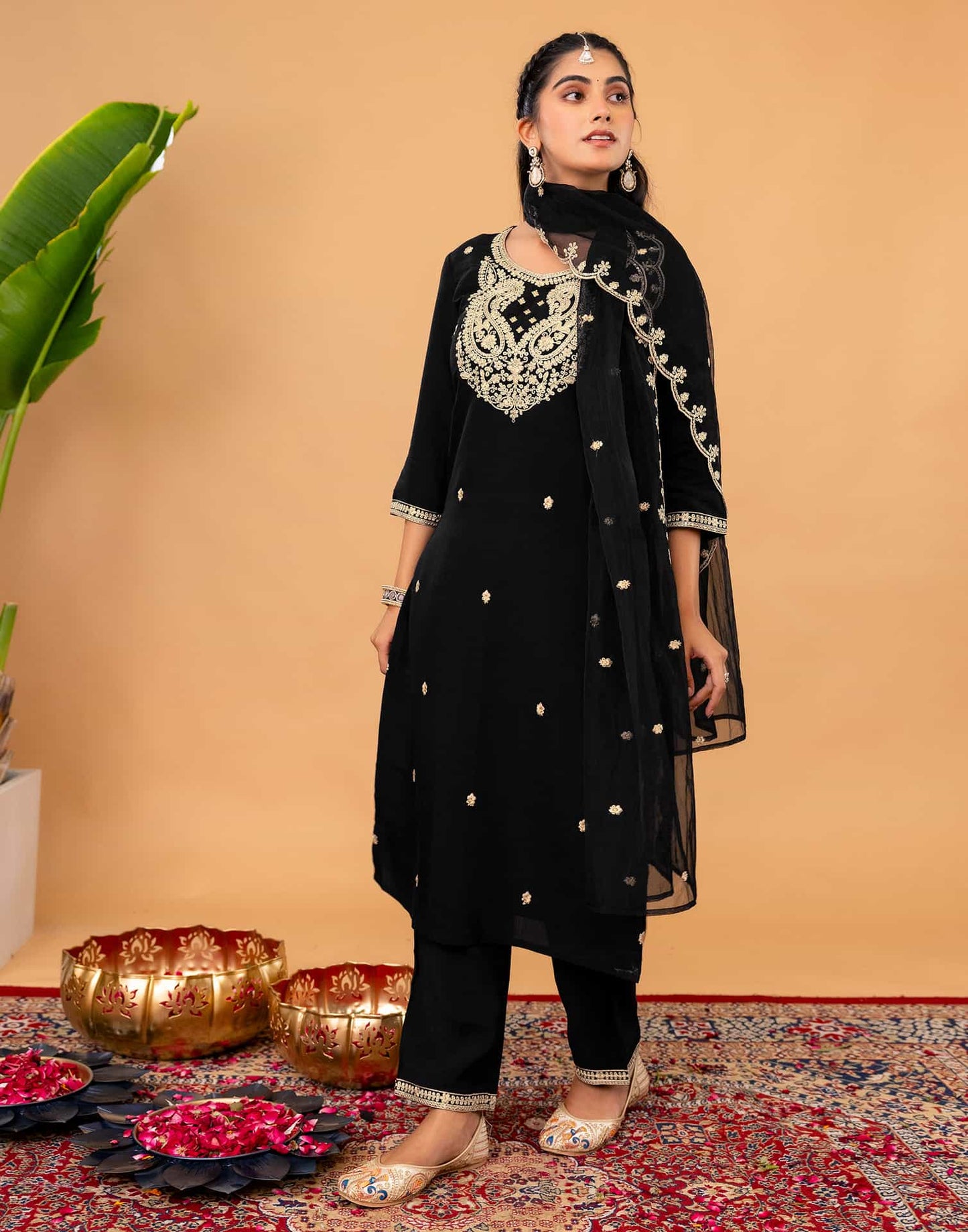 Silk Straight Embroidery Round Neck Kurta with Pant & Dupatta