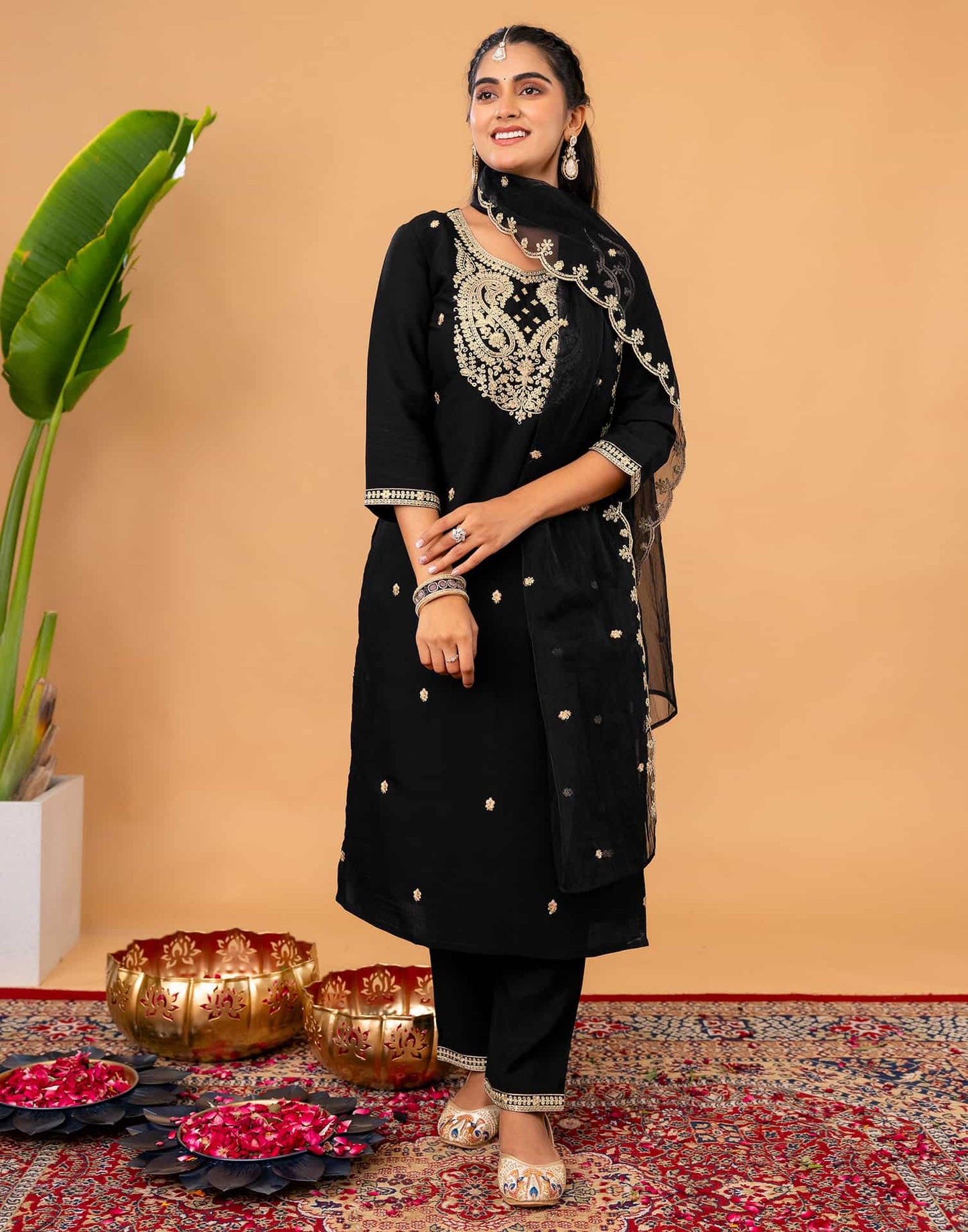 Silk Straight Embroidery Round Neck Kurta with Pant & Dupatta