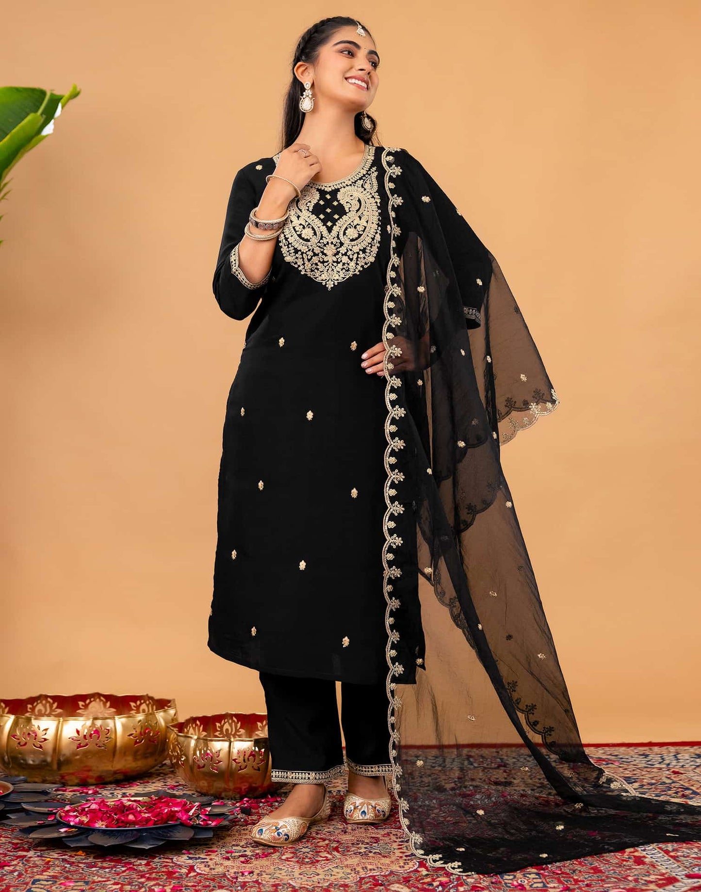 Silk Straight Embroidery Round Neck Kurta with Pant & Dupatta