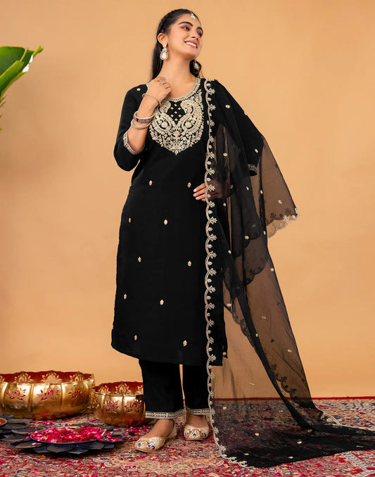 Silk Embroidered Straight 3 Piece Kurta Set