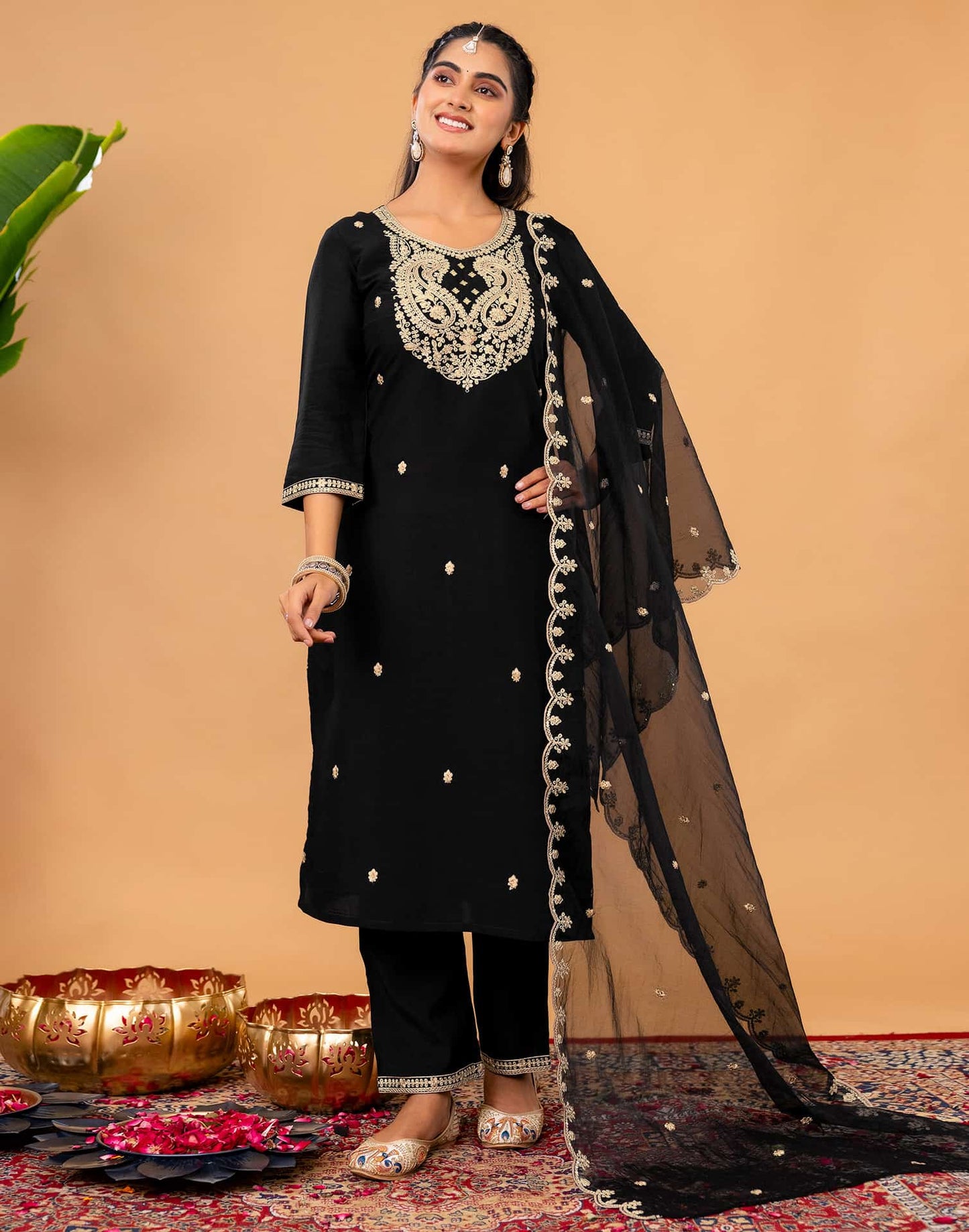 Silk Straight Embroidery Round Neck Kurta with Pant & Dupatta