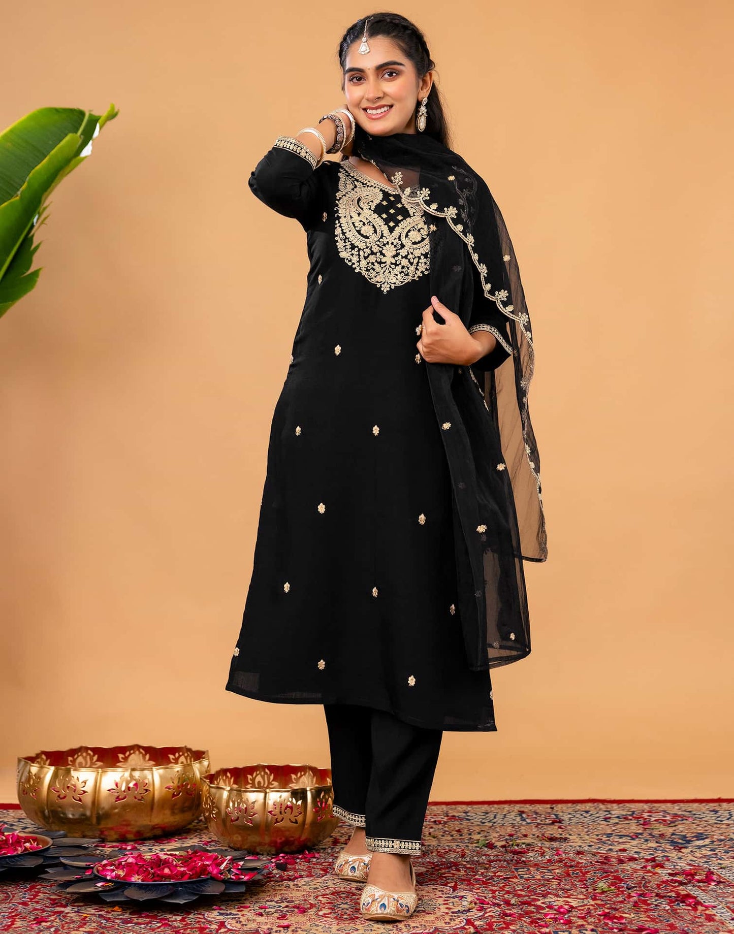 Silk Straight Embroidery Round Neck Kurta with Pant & Dupatta