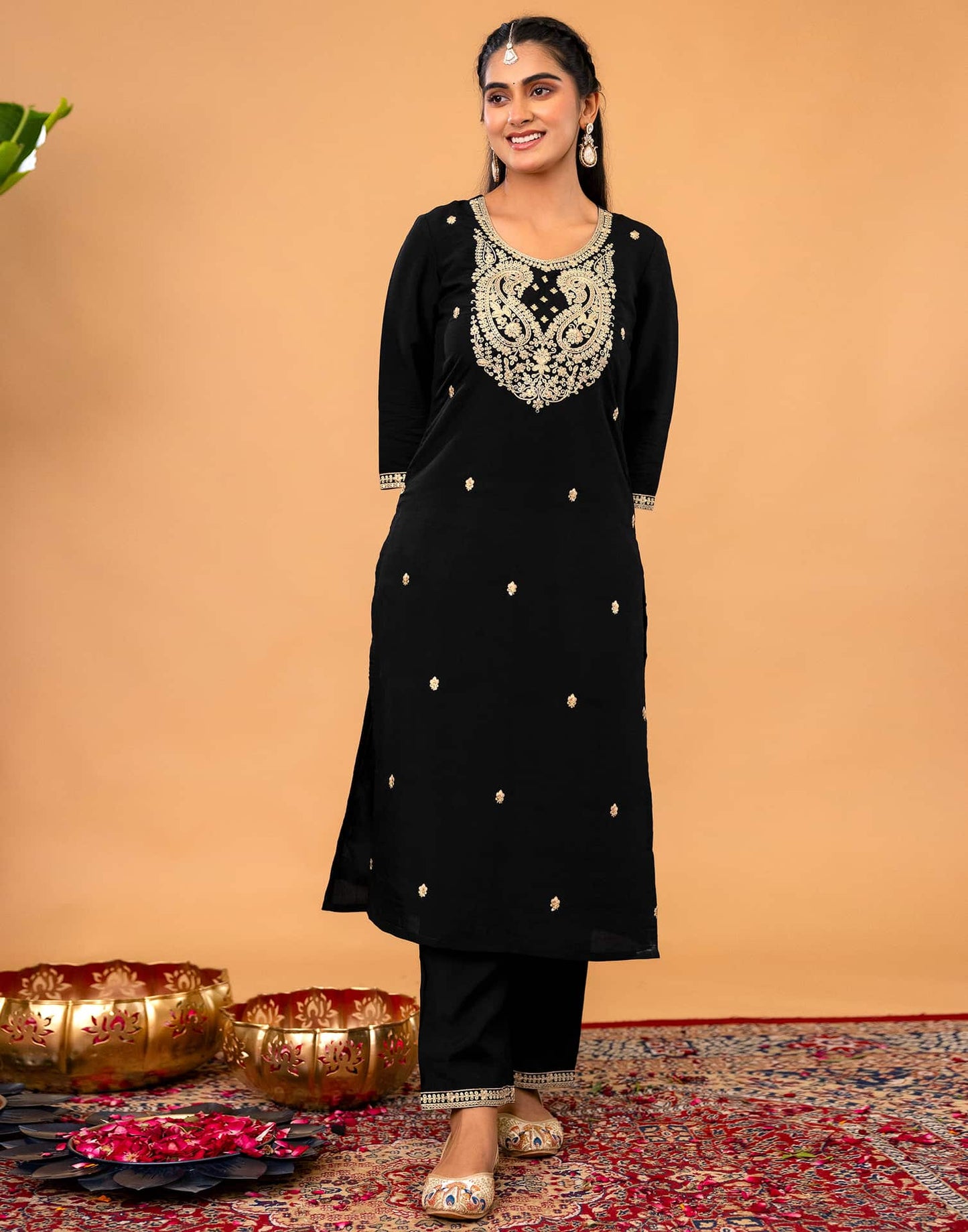 Silk Straight Embroidery Round Neck Kurta with Pant & Dupatta