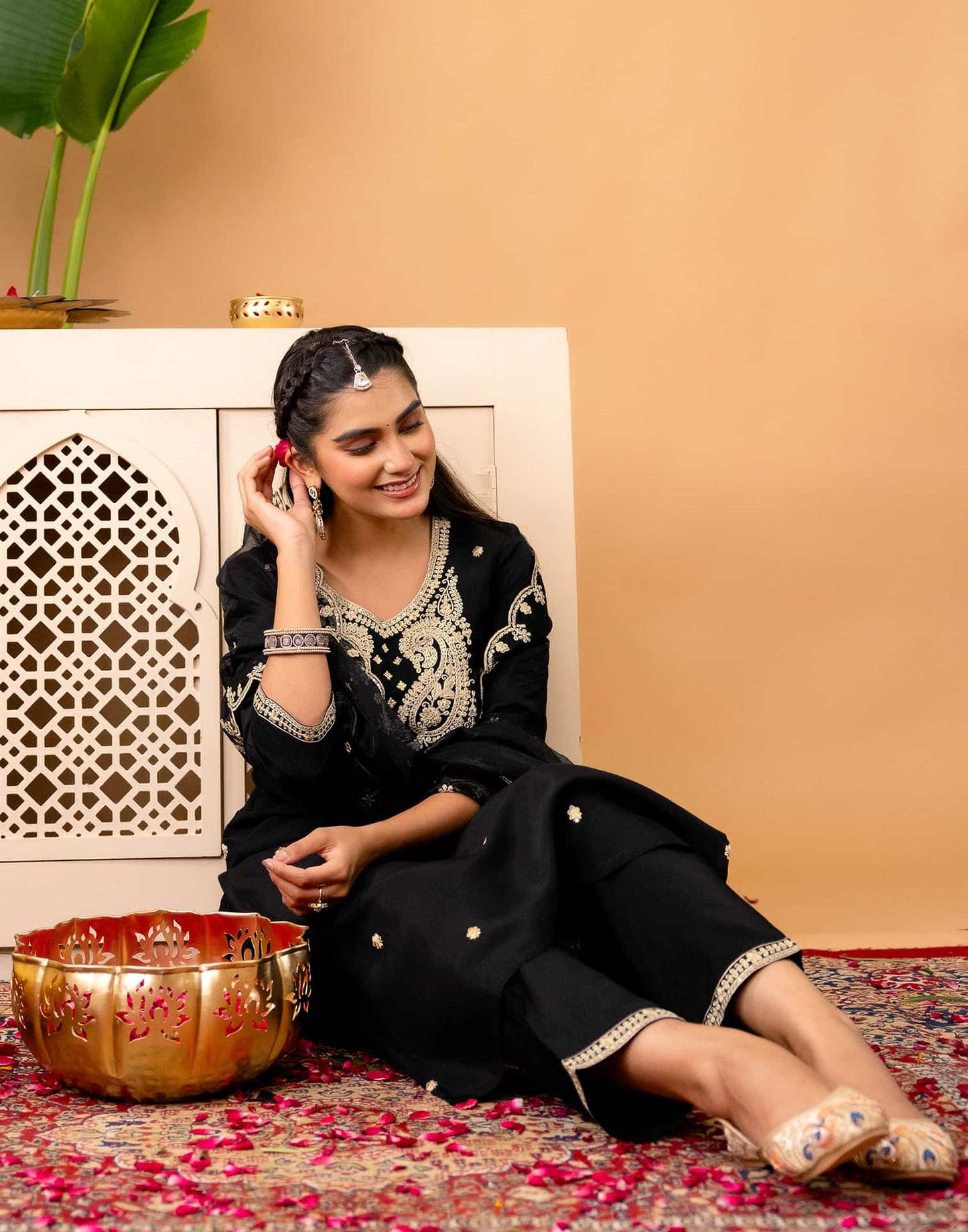 Silk Straight Embroidery Round Neck Kurta with Pant & Dupatta