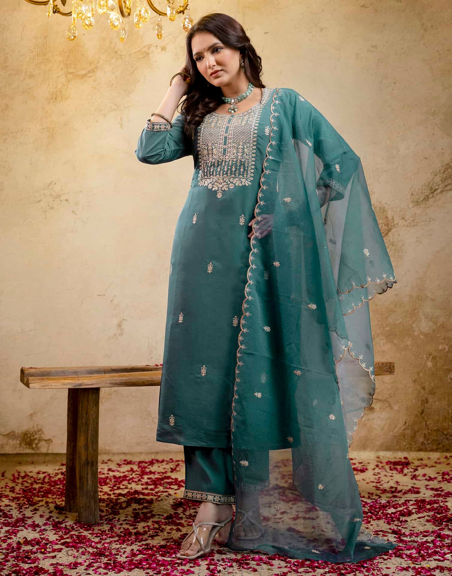 Silk Straight Embroidery Round Neck Kurta with Pant & Dupatta