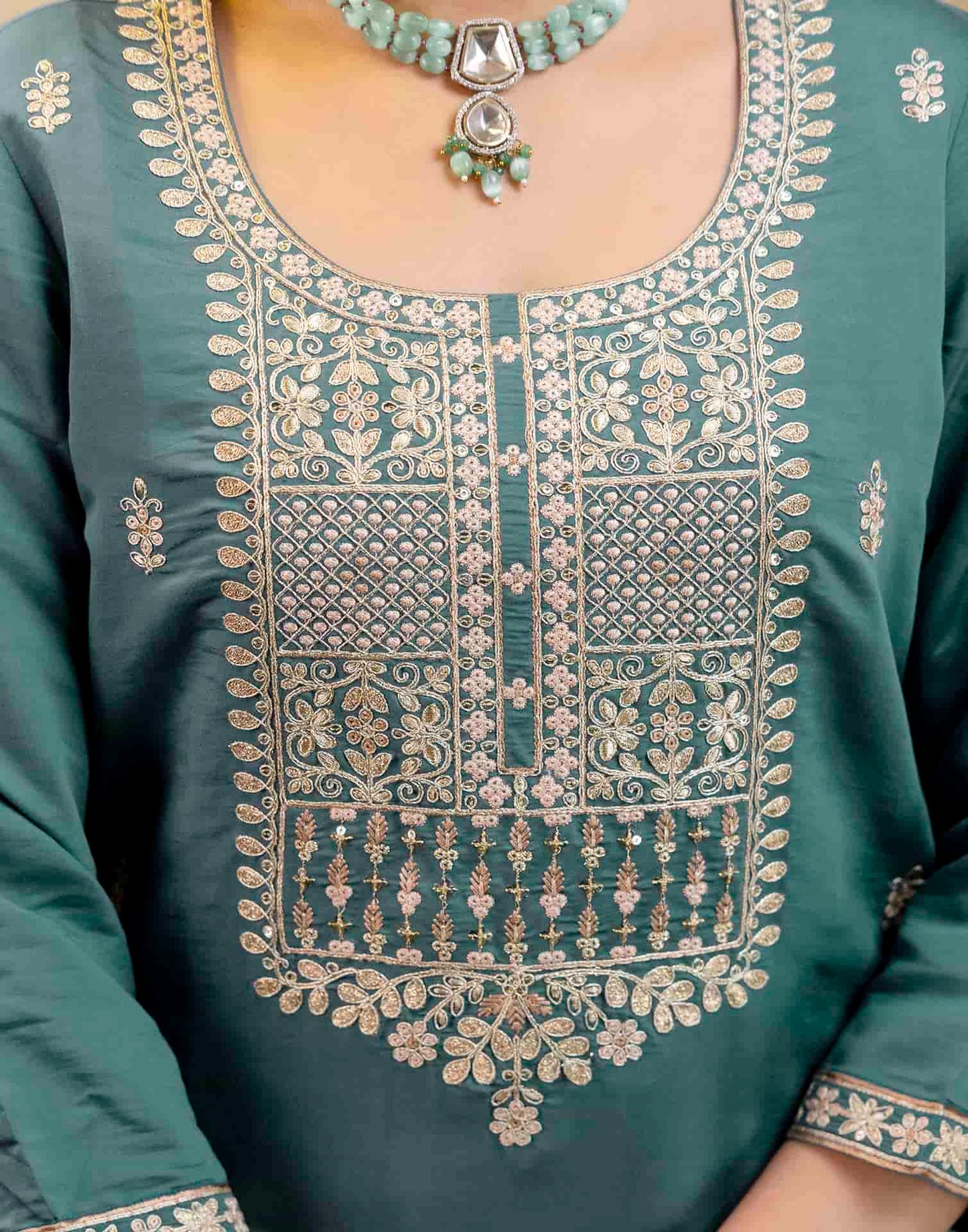 Silk Straight Embroidery Round Neck Kurta with Pant & Dupatta