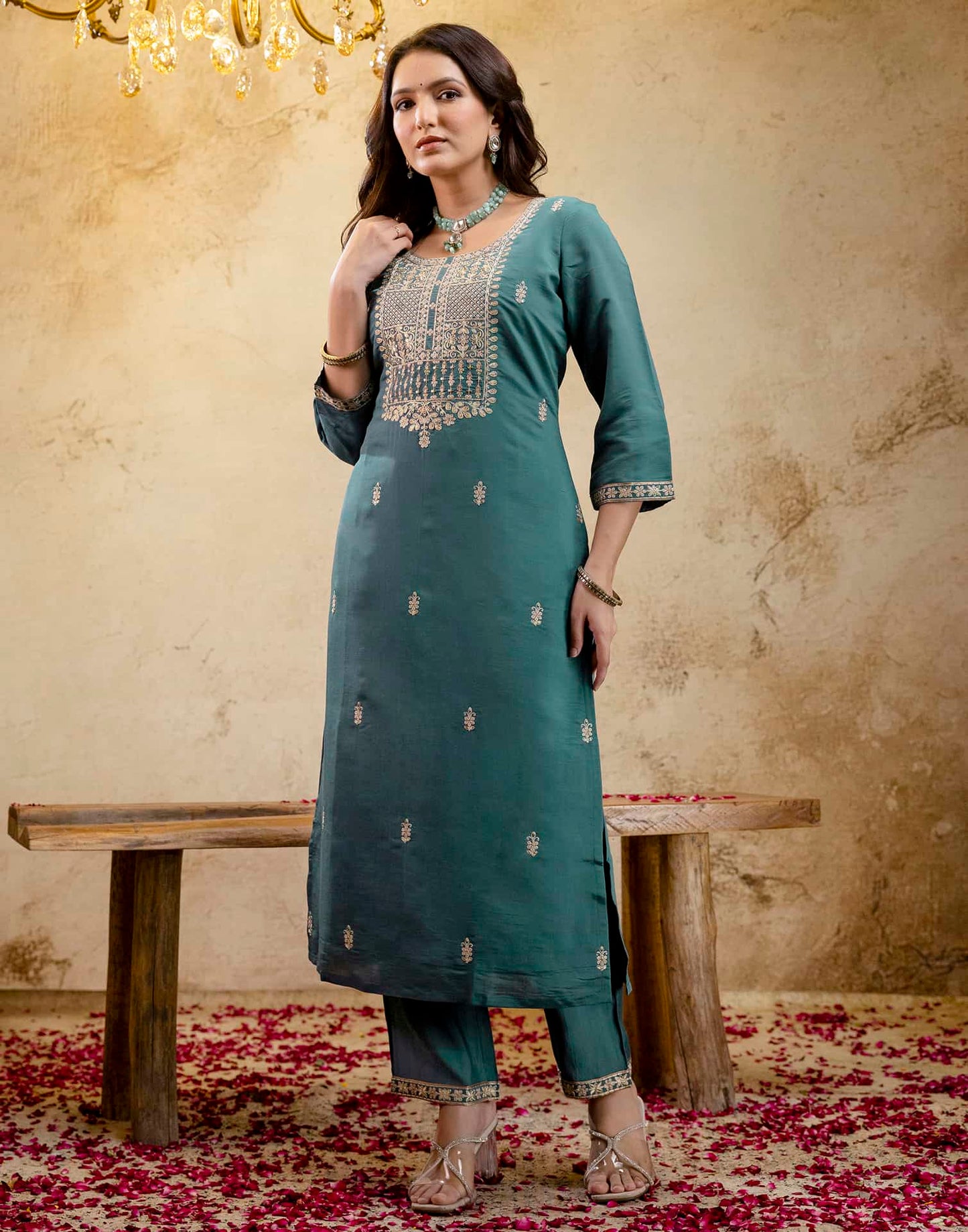 Silk Straight Embroidery Round Neck Kurta with Pant & Dupatta