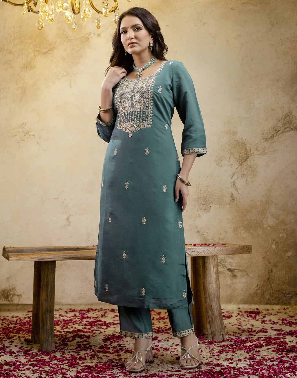 Silk Embroidered Straight 3 Piece Kurta Set