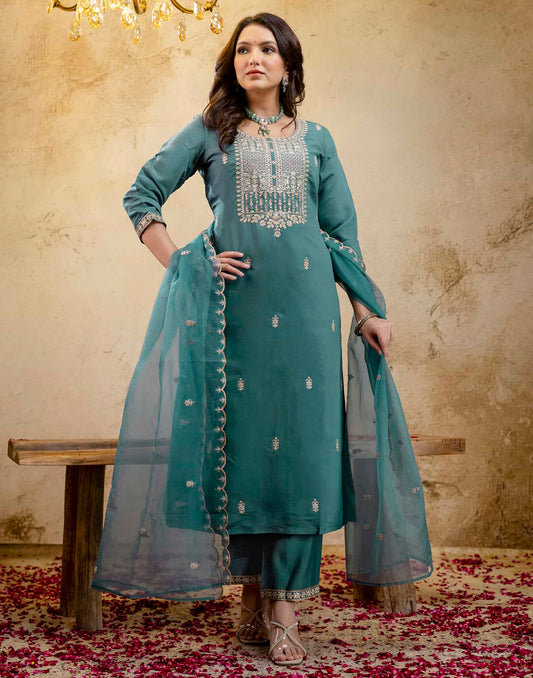 Silk Straight Embroidery Round Neck Kurta with Pant & Dupatta