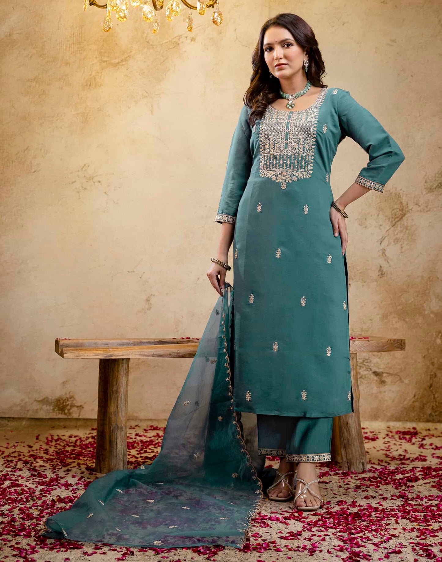 Silk Straight Embroidery Round Neck Kurta with Pant & Dupatta