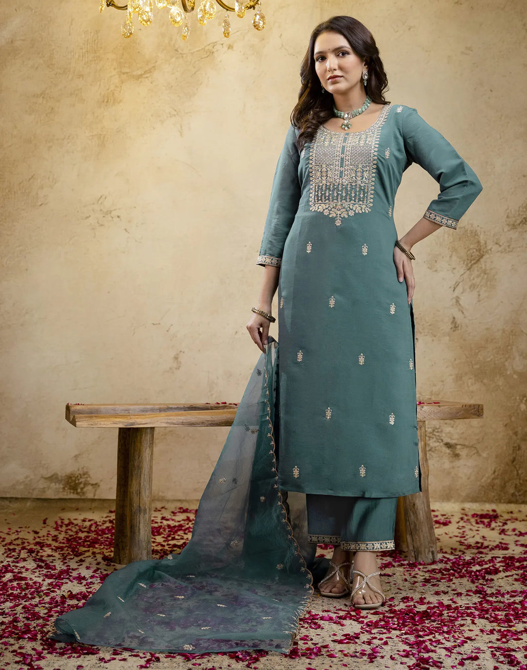 Silk Embroidered Straight 3 Piece Kurta Set