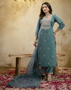 Silk Embroidered Straight 3 Piece Kurta Set