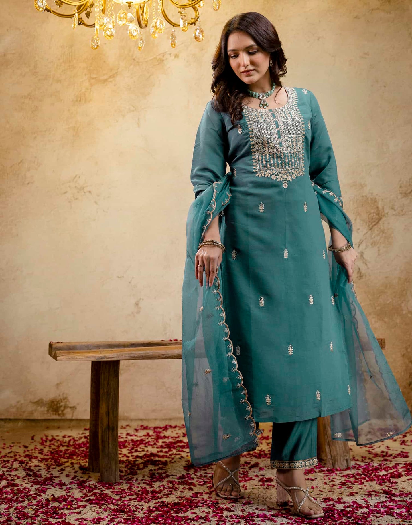 Silk Straight Embroidery Round Neck Kurta with Pant & Dupatta