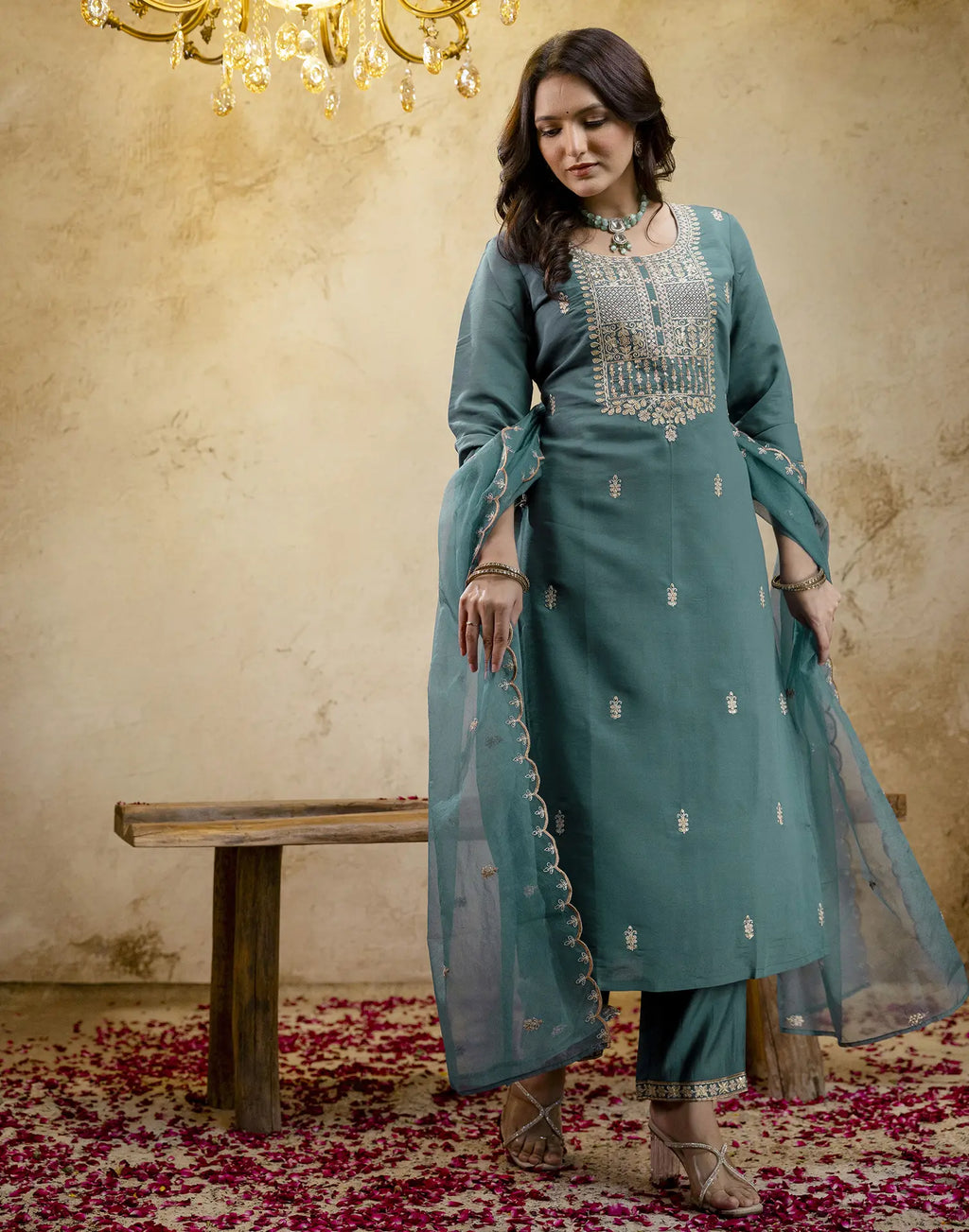 Silk Embroidered Straight 3 Piece Kurta Set