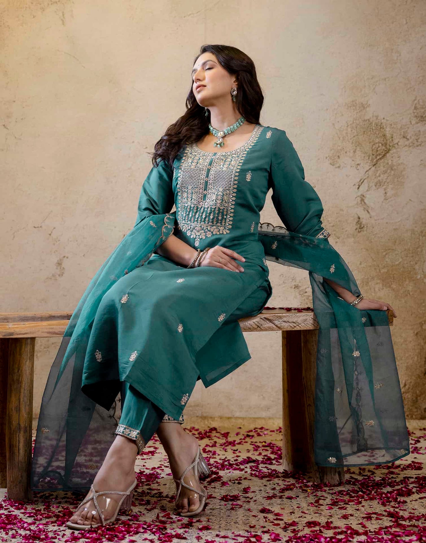 Silk Straight Embroidery Round Neck Kurta with Pant & Dupatta