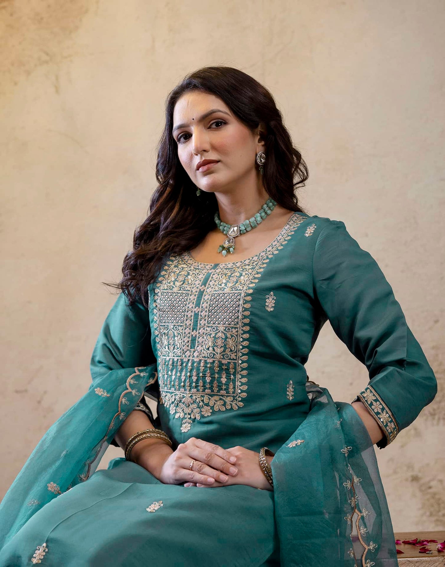 Silk Straight Embroidery Round Neck Kurta with Pant & Dupatta