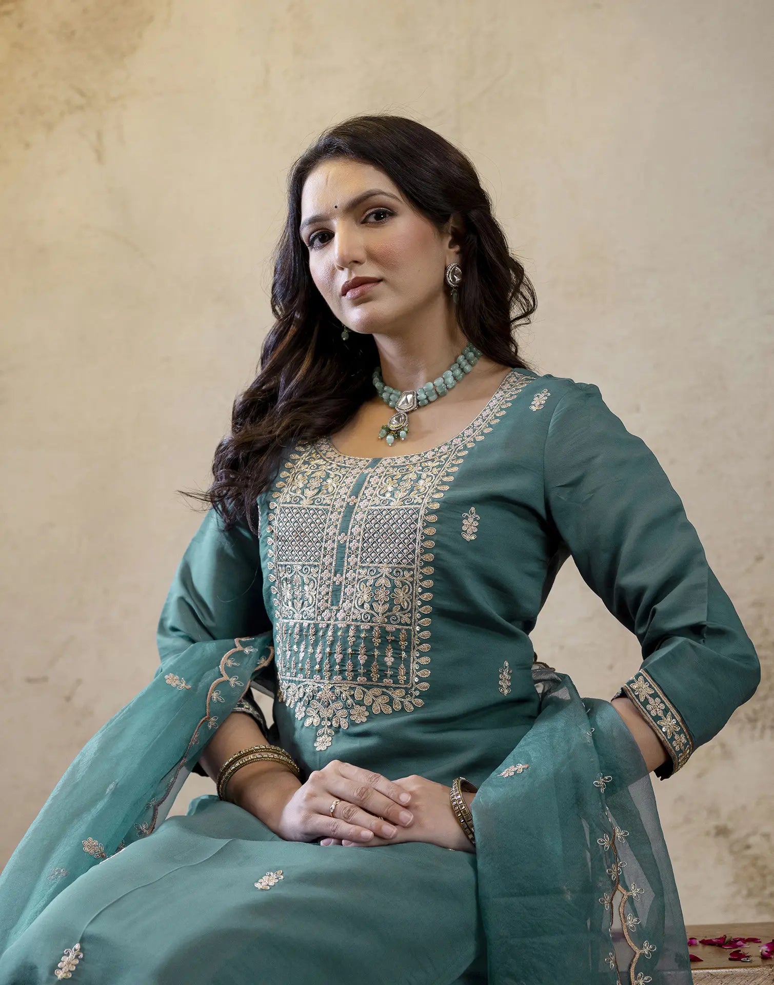 Silk Embroidered Straight 3 Piece Kurta Set