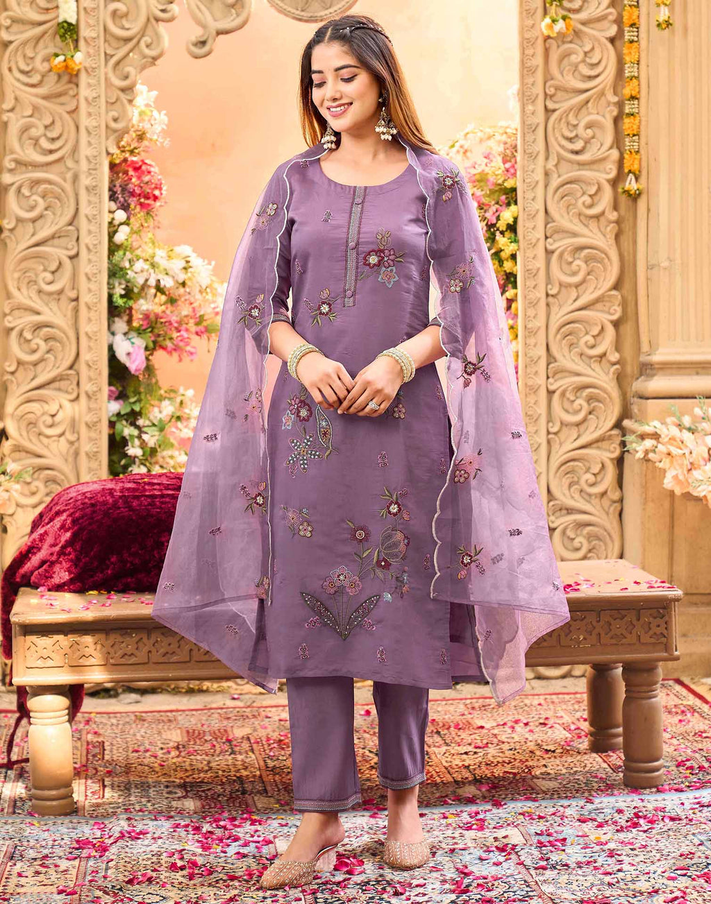 Skylee Silk Embroidered Straight 3 Piece Kurta Set For Woman