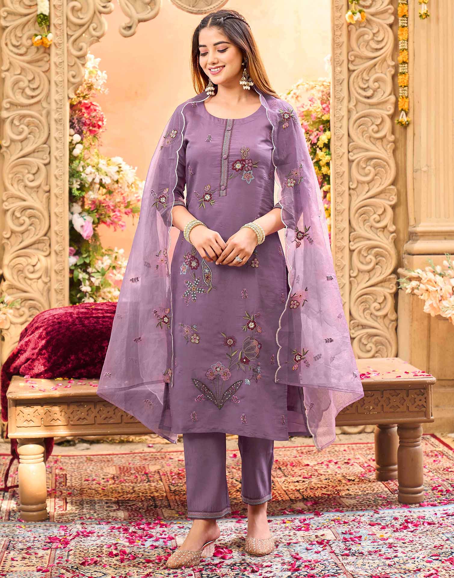 Skylee Silk Embroidered Straight 3 Piece Kurta Set For Woman