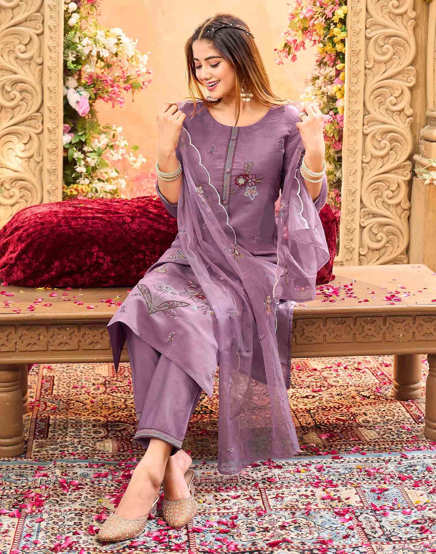 Skylee Silk Embroidered Straight 3 Piece Kurta Set For Woman