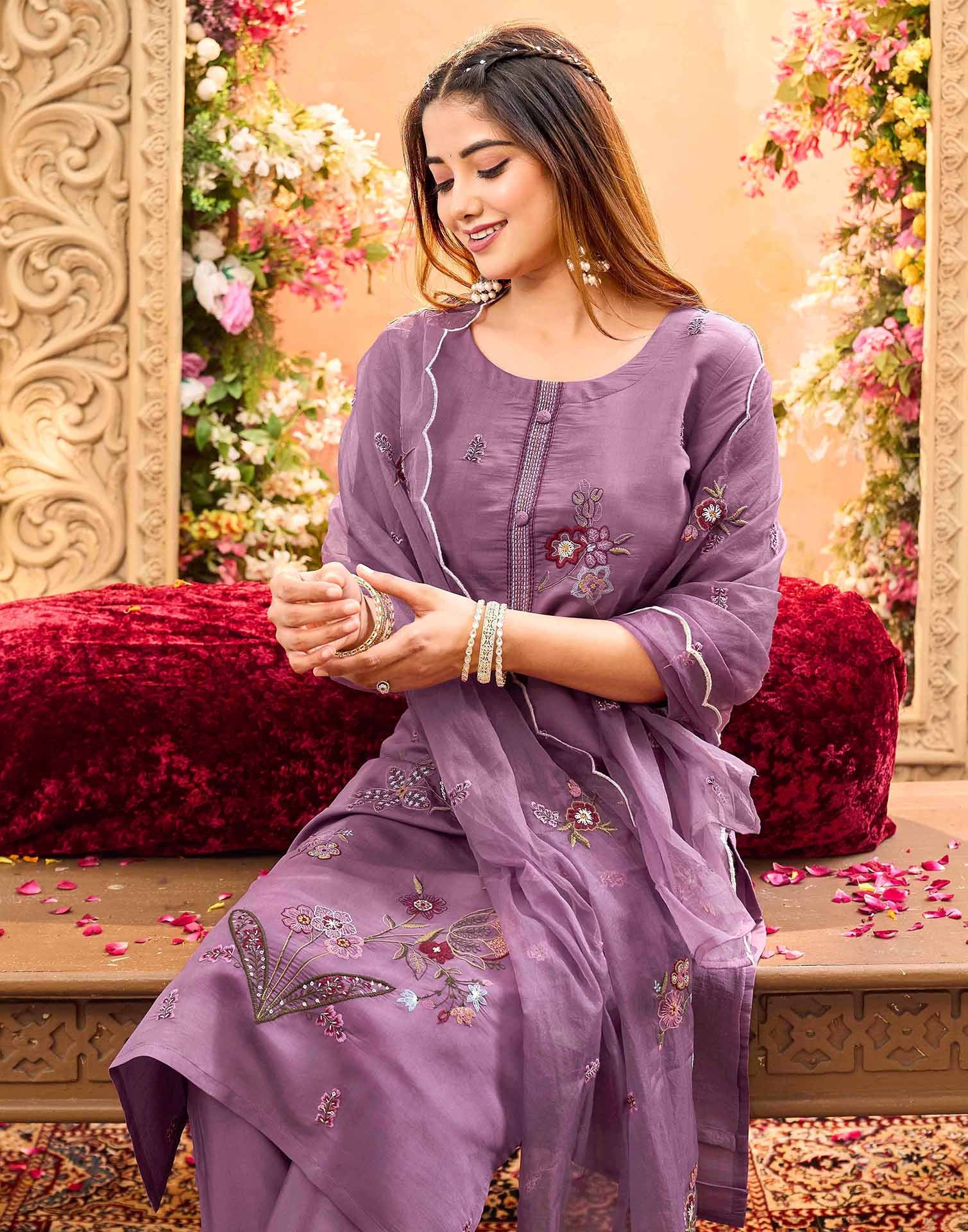Skylee Silk Embroidered Straight 3 Piece Kurta Set For Woman