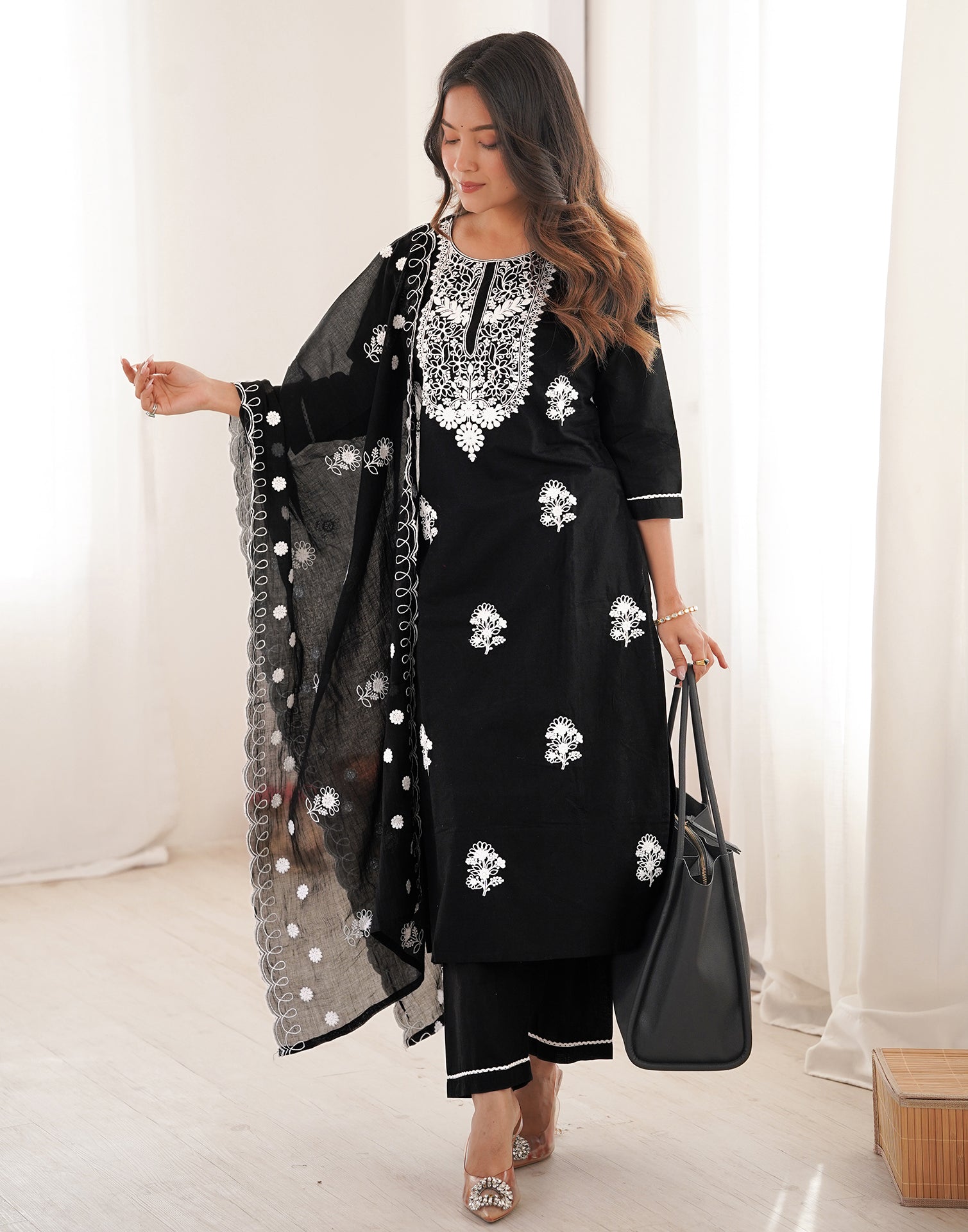 Skylee Cotton Embroidered Straight 3 Piece Kurta Set For Woman