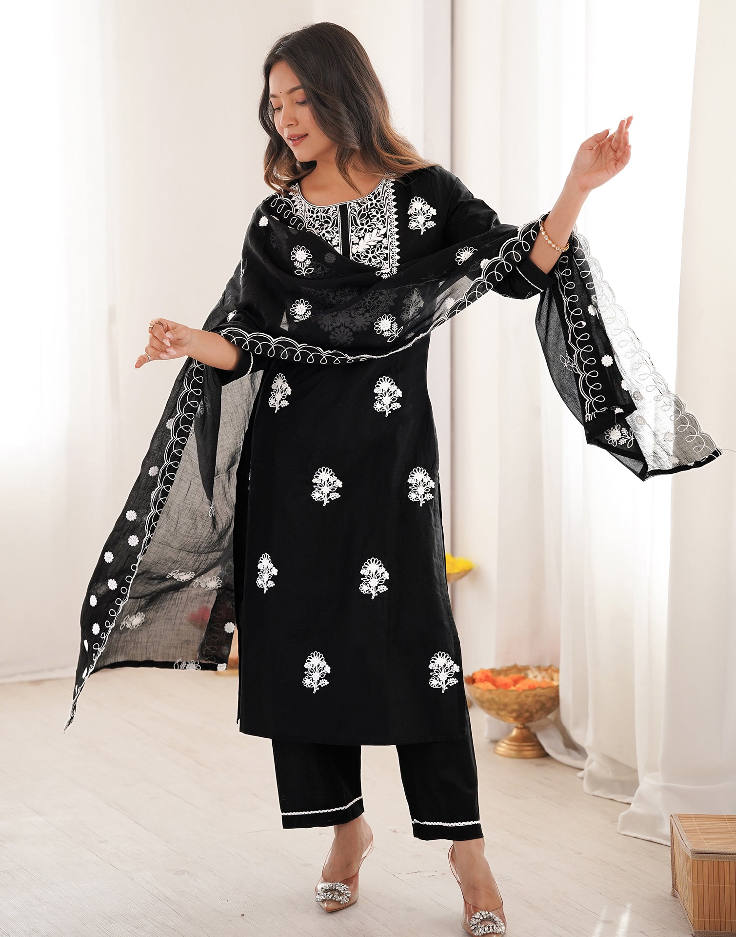 Skylee Cotton Embroidered Straight 3 Piece Kurta Set For Woman